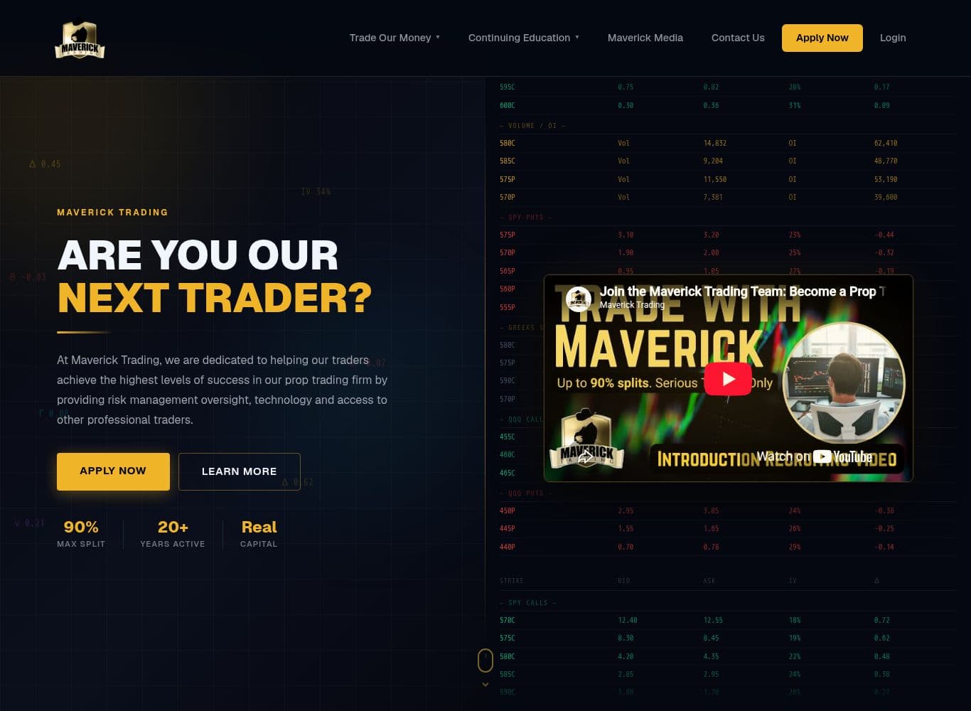 Maverick Trading homepage showing the 90 percent maximum split, 20 plus years active and real capital claims