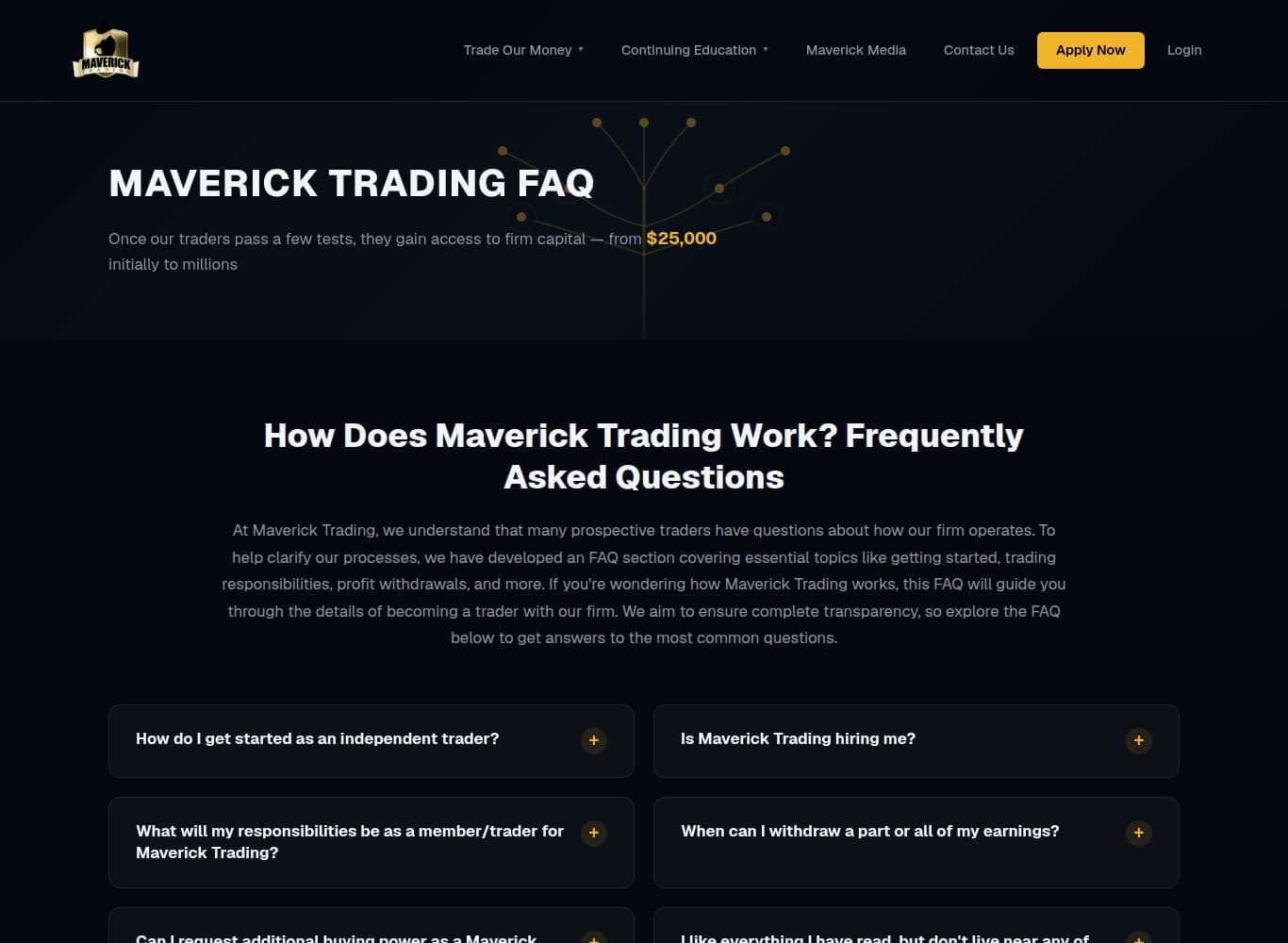 The FAQ that stands in place of published terms, stating the 199 dollar desk fee, the required trading bond and the monthly withdrawal timing