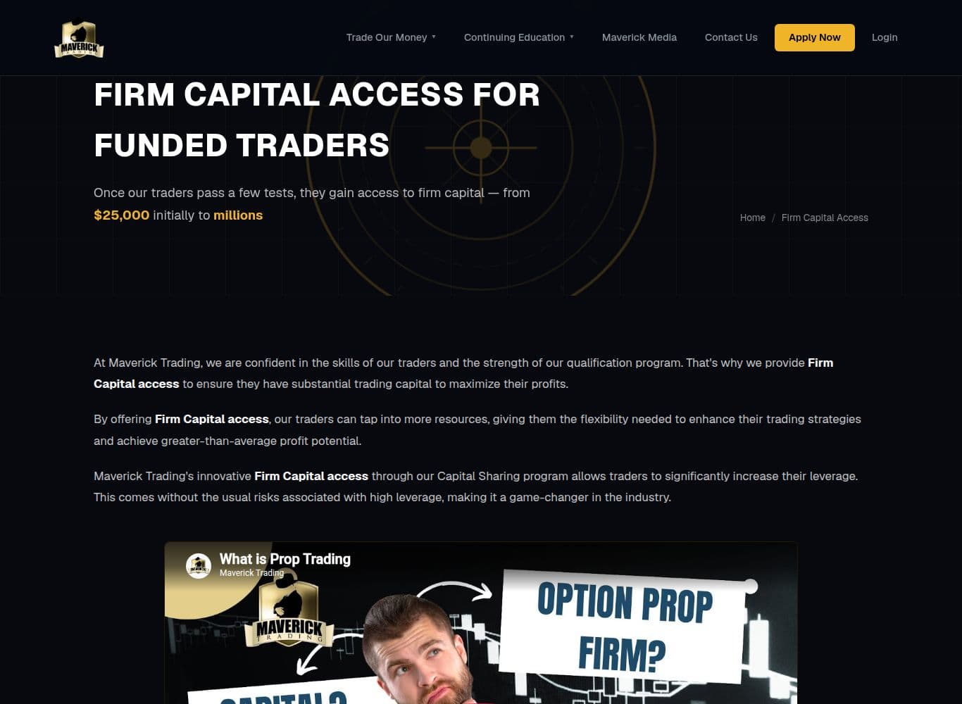 Firm capital access page showing the capital advancement levels and the 65 to 90 percent profit split
