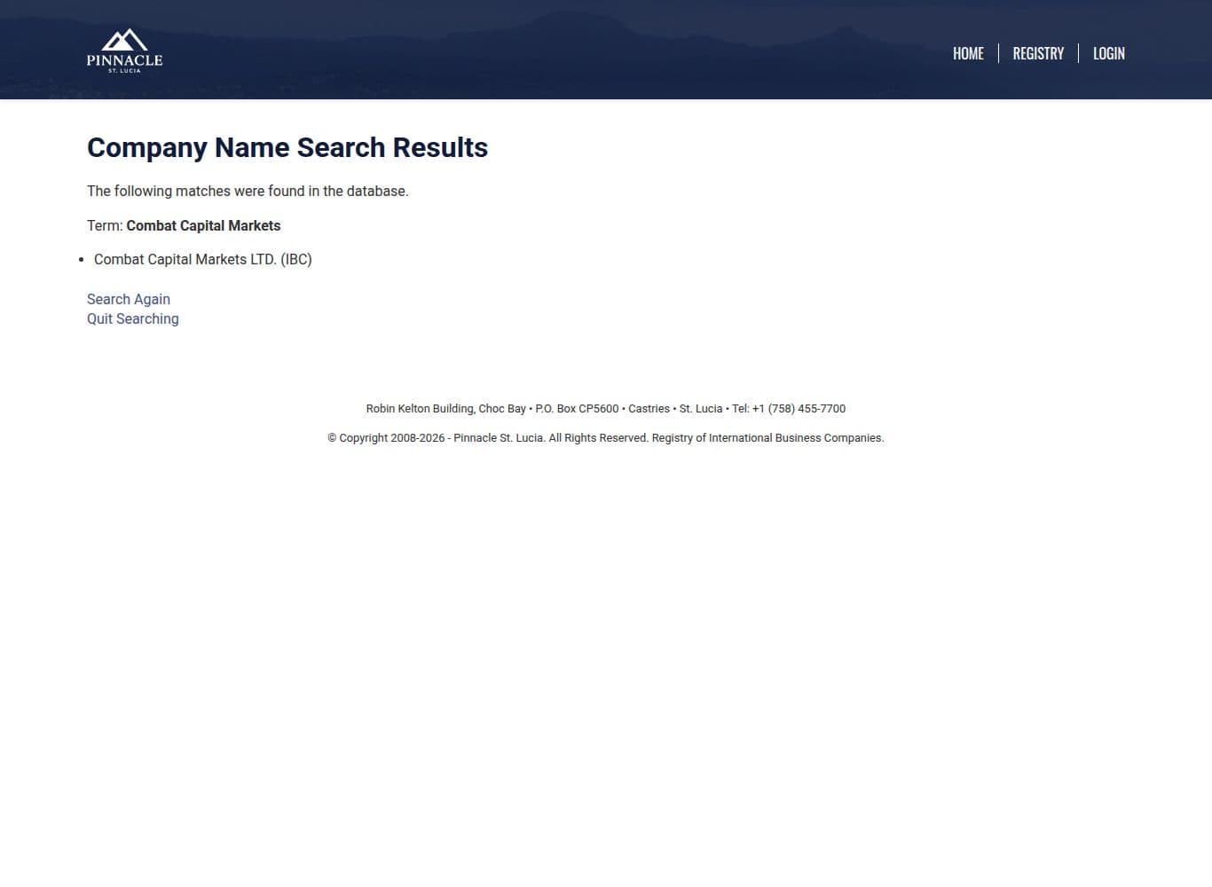 Saint Lucia Registry of International Business Companies name search returning Combat Capital Markets LTD. (IBC)