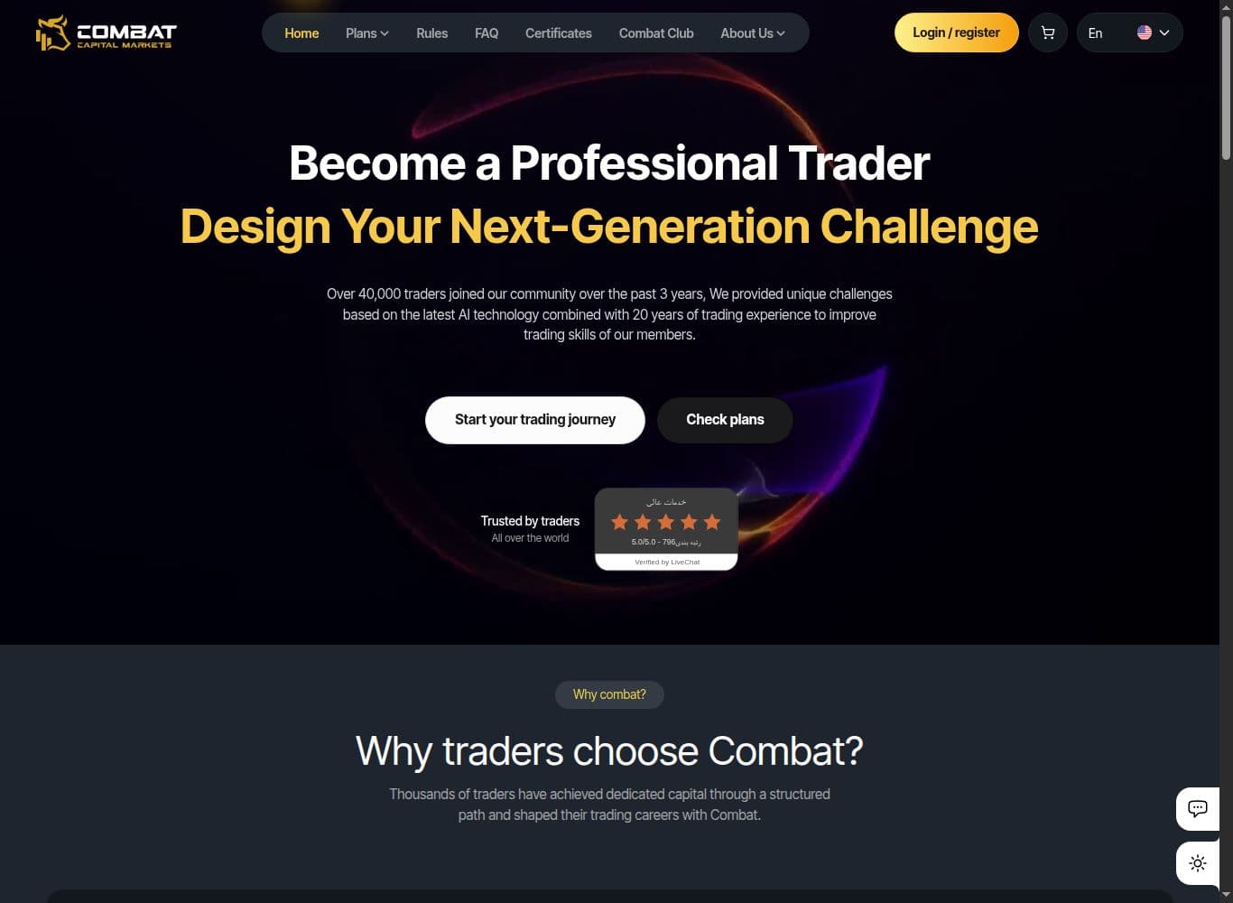 Combat Capital Markets homepage with the footer legal disclosure naming the Saint Lucia entity and stating that the company provides brokerage services alongside the proprietary trading programme