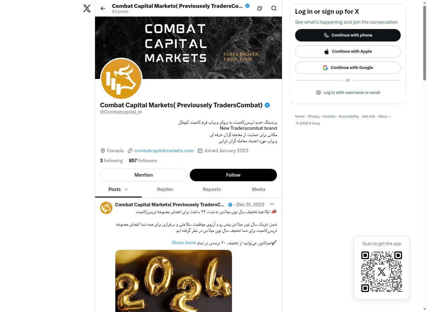 Official X account, titled previously TradersCombat, 857 followers and dormant since the end of 2023