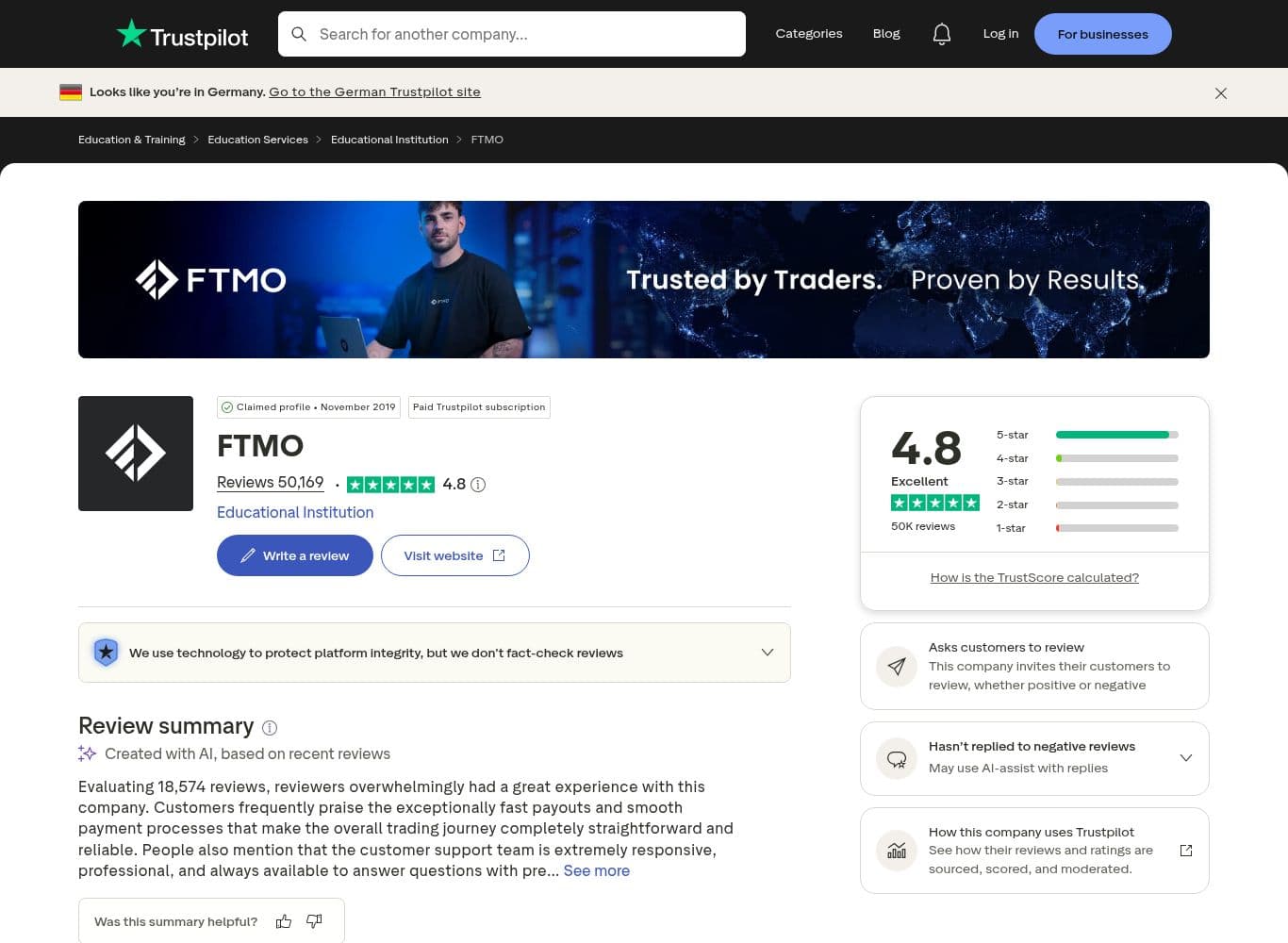 The FTMO one-star tail sorted by recency, showing the August 2026 execution and breach complaints