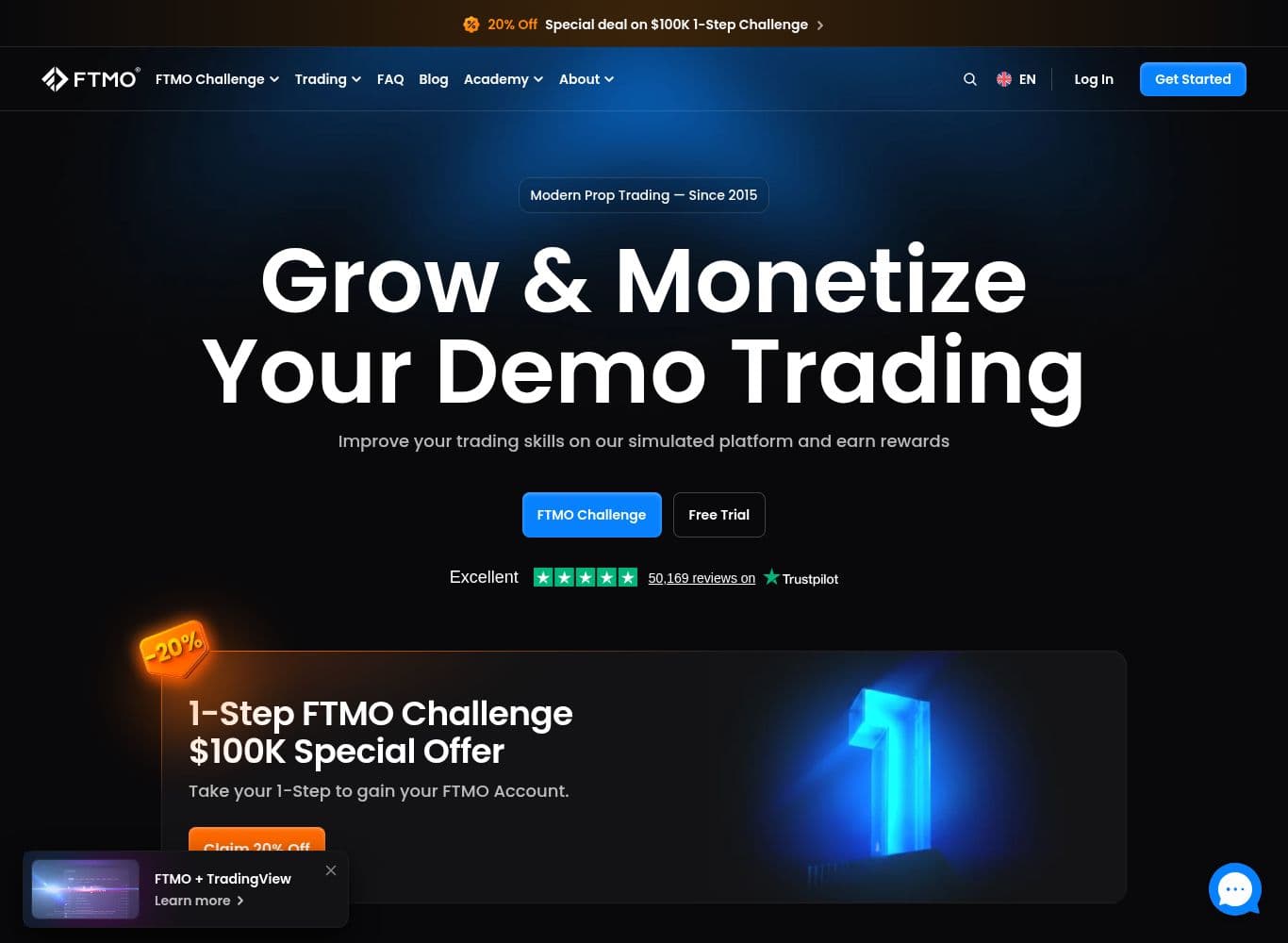 FTMO homepage showing the challenge offering, the simulated-trading disclaimer and the no-deposits statement