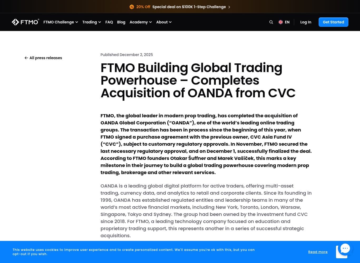 FTMO press release confirming completion of the OANDA acquisition on 1 December 2025