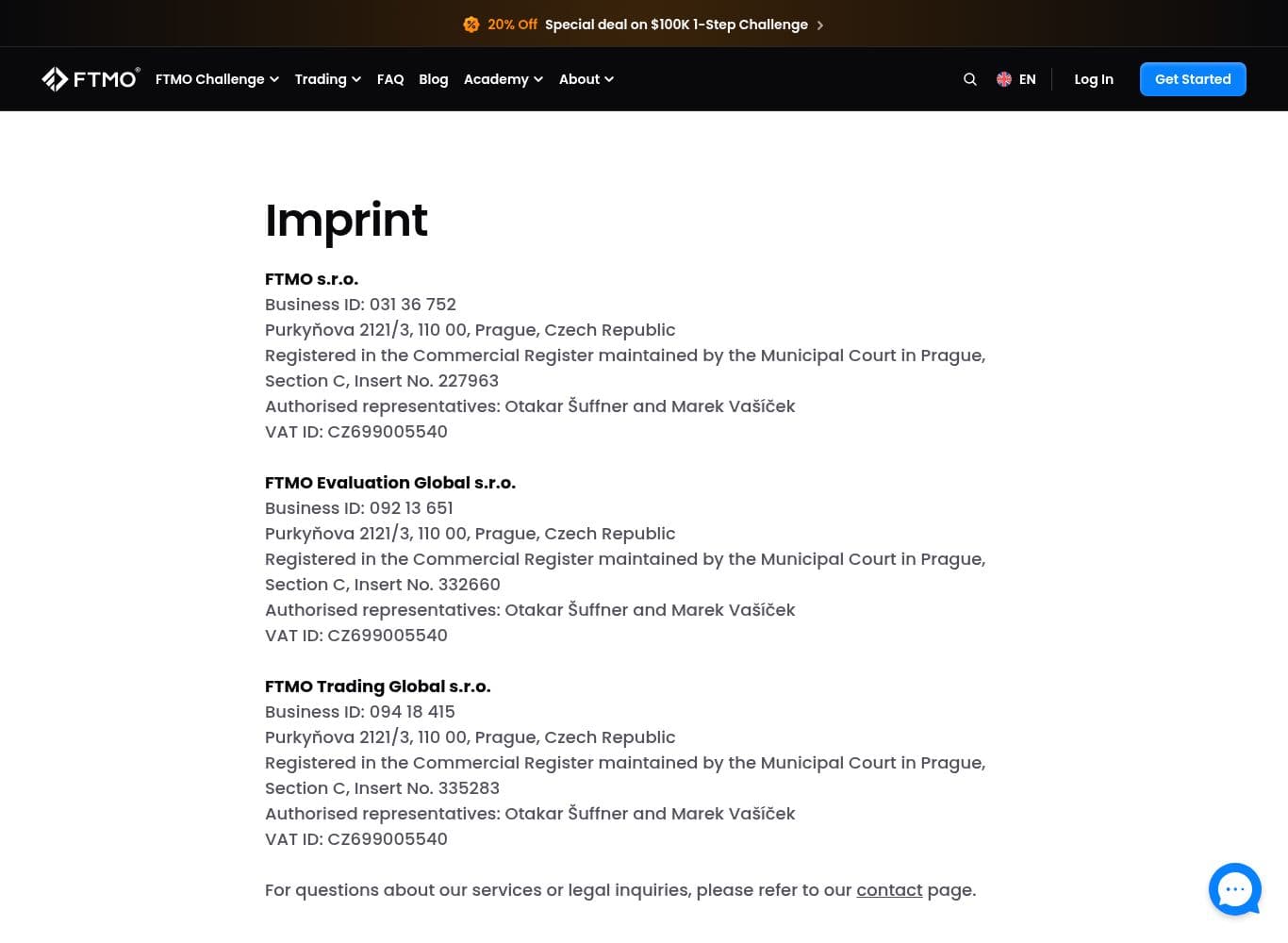 FTMO imprint naming all three Czech entities with registration numbers and court inserts