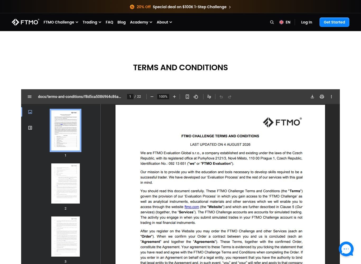 FTMO terms and conditions page linking the General Terms and Conditions document