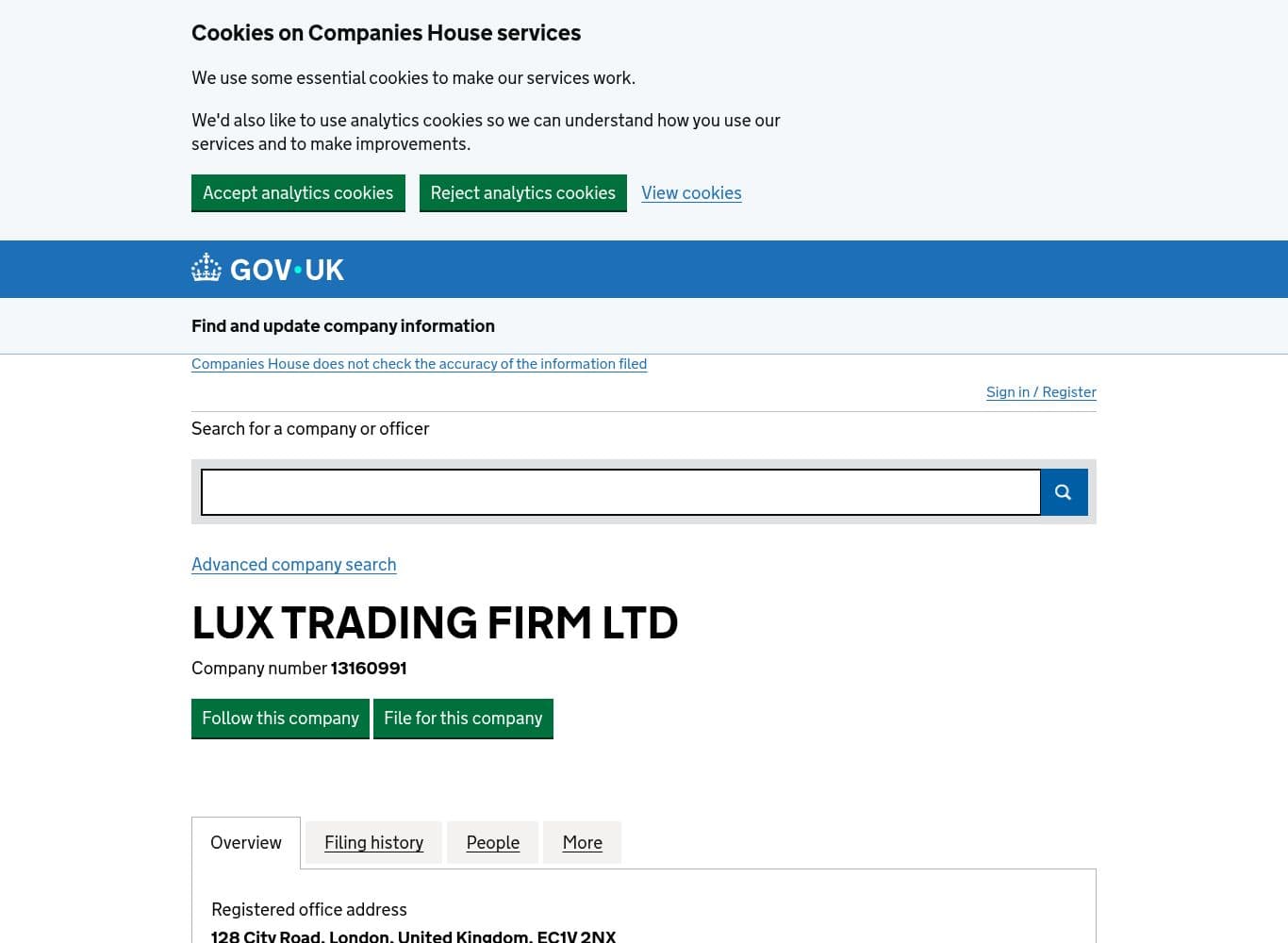 UK Companies House entry for LUX TRADING FIRM LTD, company number 13160991, active