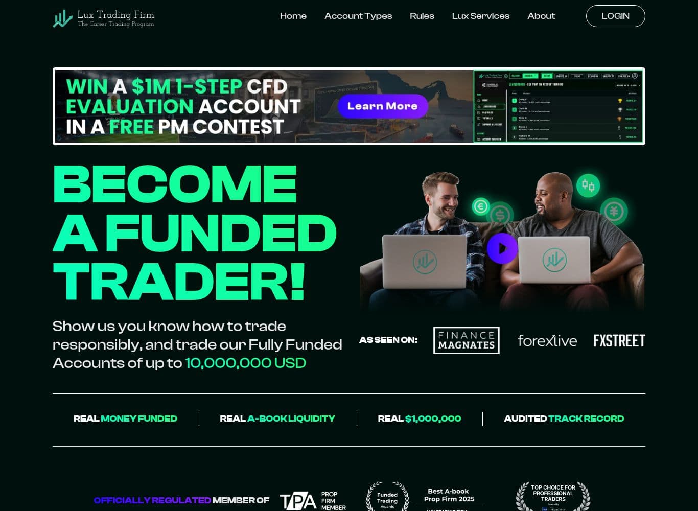 Lux Trading Firm homepage showing account types, pricing and the REAL capital claims