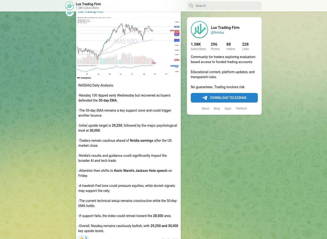 Official Telegram channel showing dated withdrawal announcements and daily market analysis