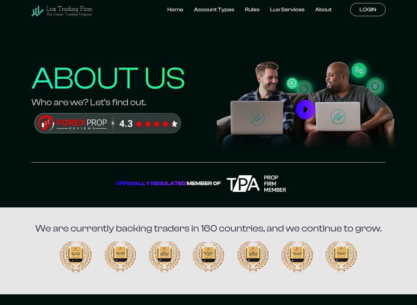 About page carrying the OFFICIALLY REGULATED MEMBER OF badge above a commercial directory logo