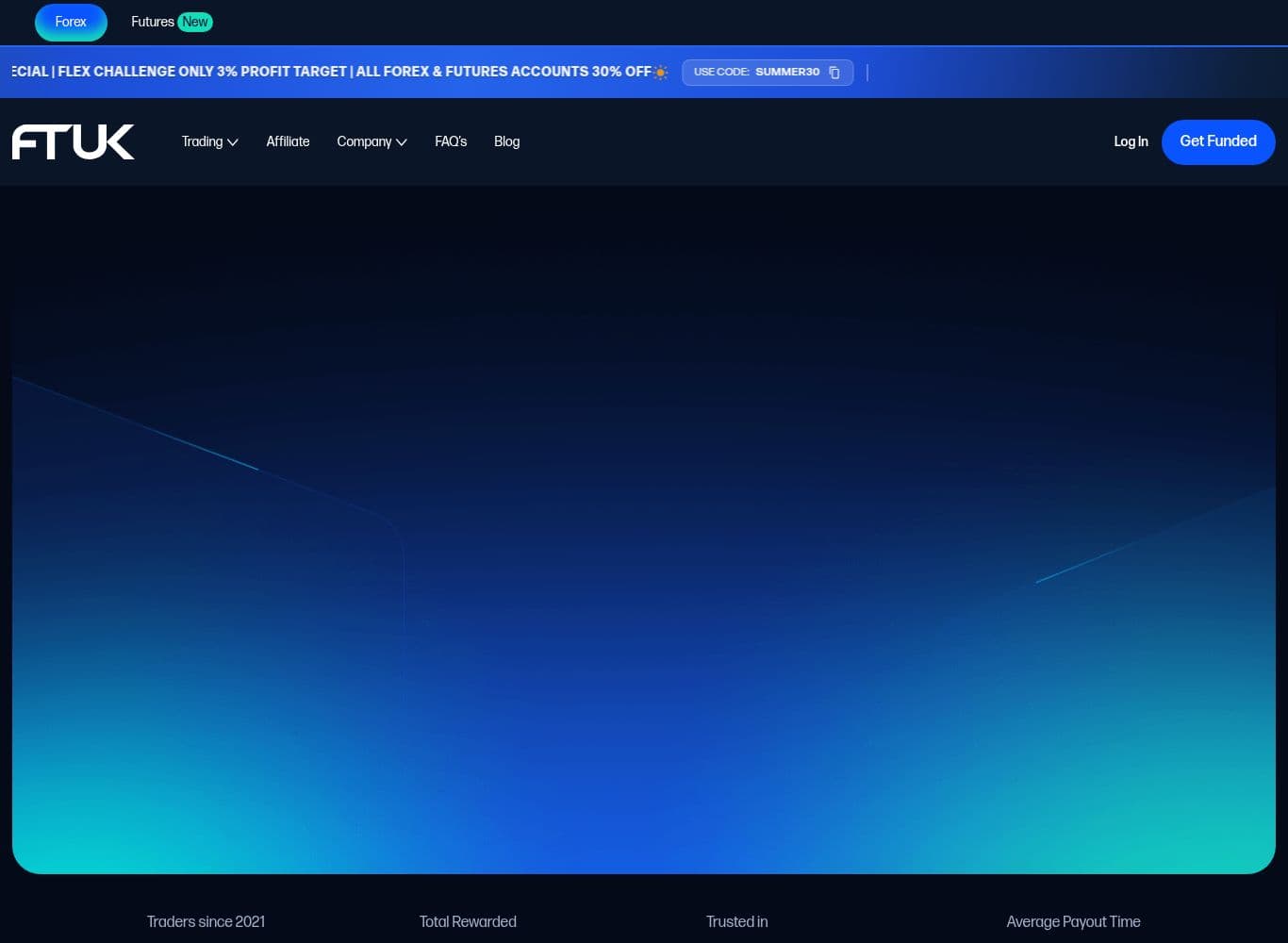 FTUK homepage showing the claimed $12,000,000 total rewarded, 30,000 traders and a 60 minute average payout time
