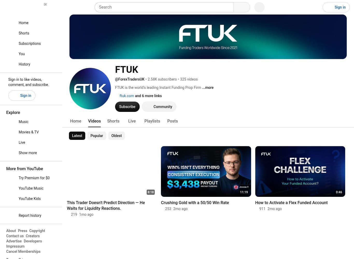 Official FTUK YouTube channel with 2.58K subscribers and 325 videos, most recent upload about a month old