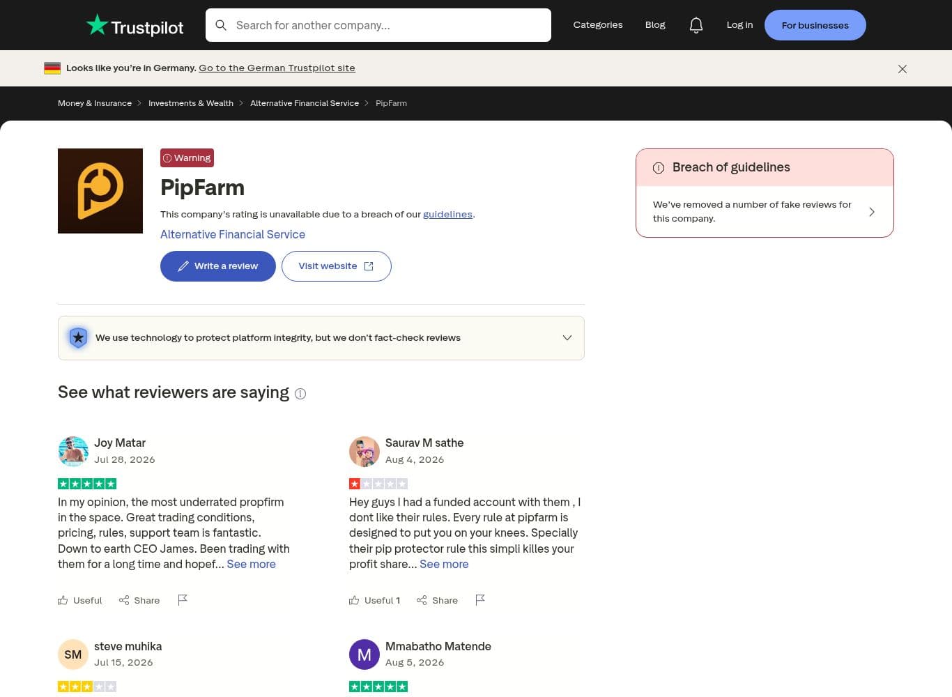 Trustpilot review recording a payout of 2,231.46 USD received in March 2026