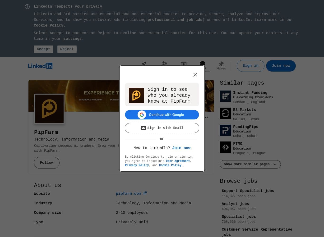 PipFarm company page on LinkedIn