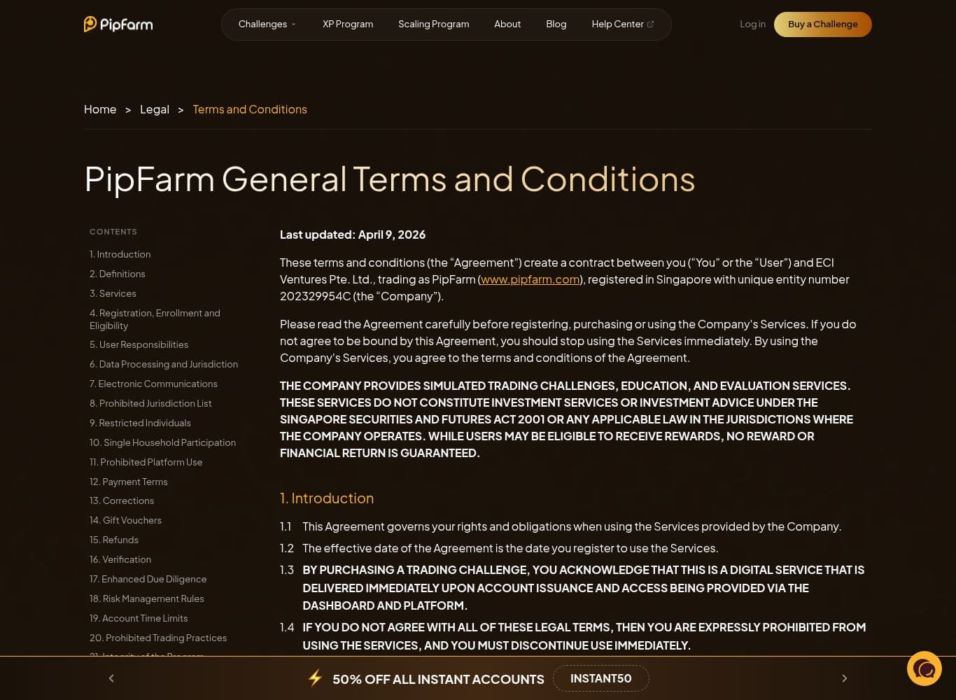 PipFarm Terms and Conditions naming ECI Ventures Pte. Ltd. and carrying the forfeiture and payout-withholding clauses