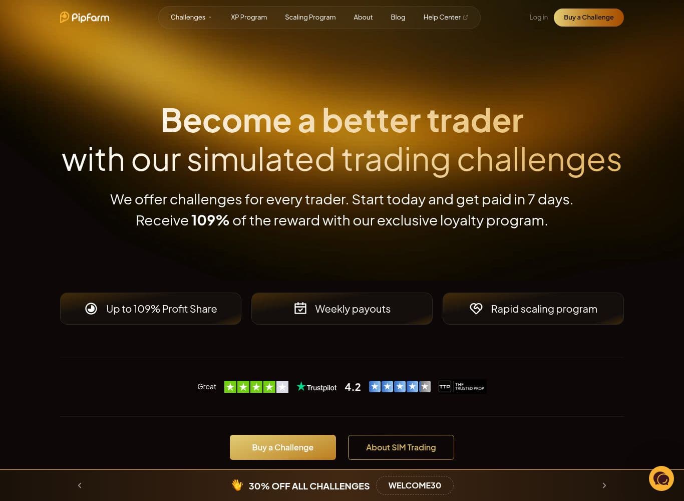 PipFarm homepage showing the simulated trading challenge offer and the payout claim