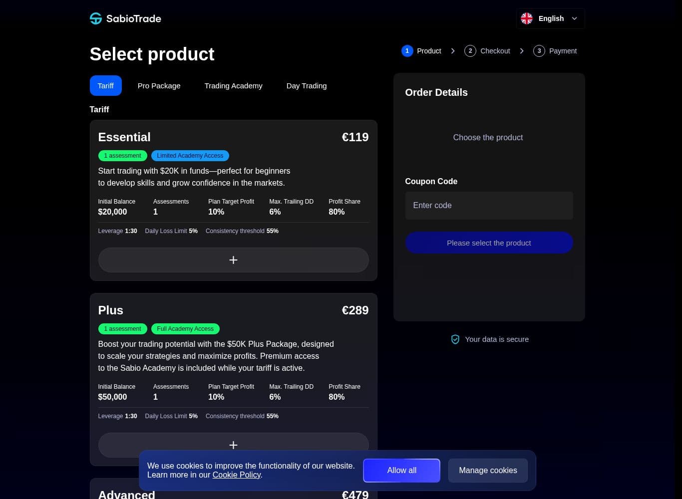 SabioTrade checkout showing the published 55% consistency threshold and per plan trading parameters