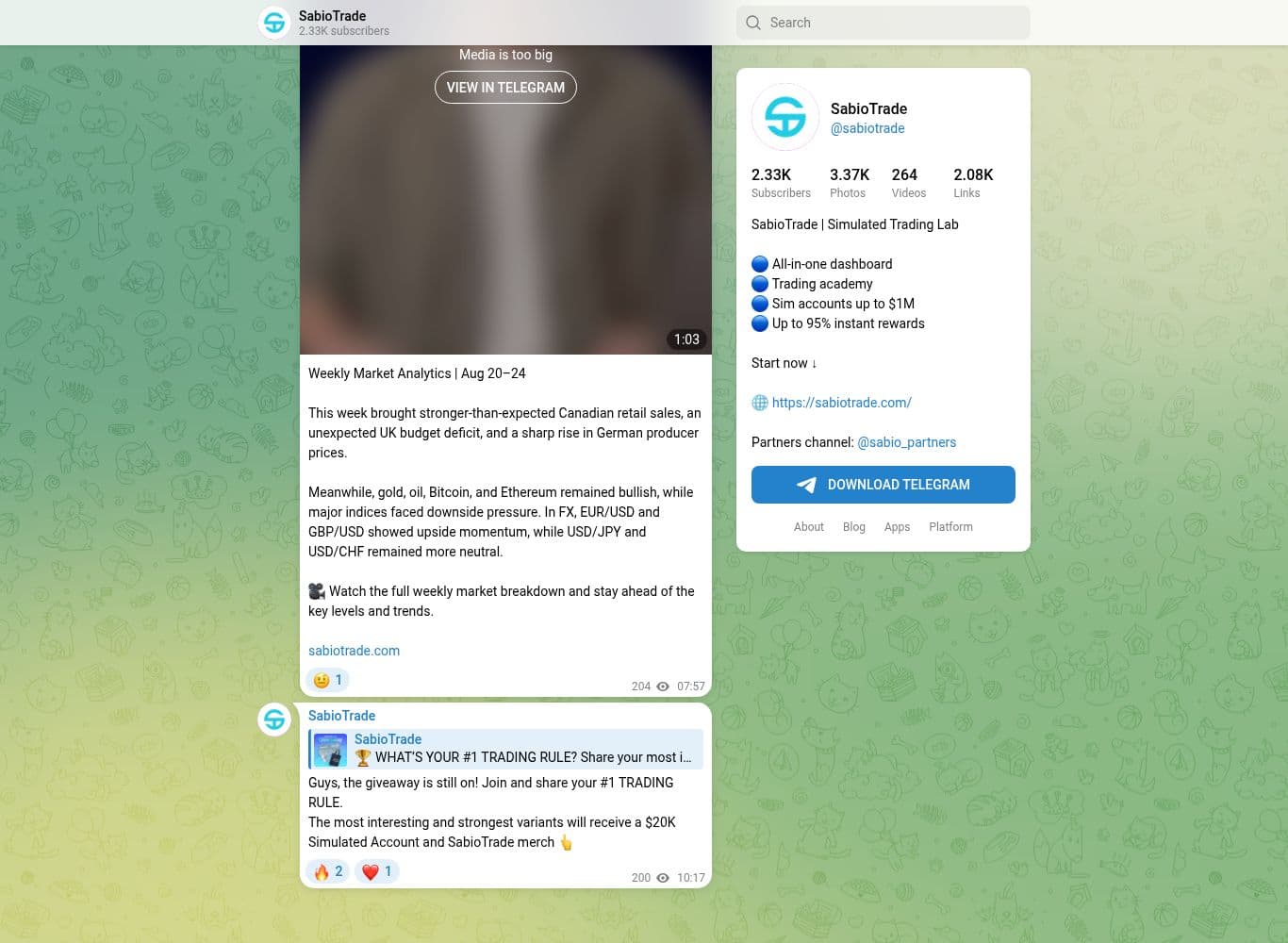 SabioTrade Telegram channel showing 2,326 subscribers and posts through 25 August 2026