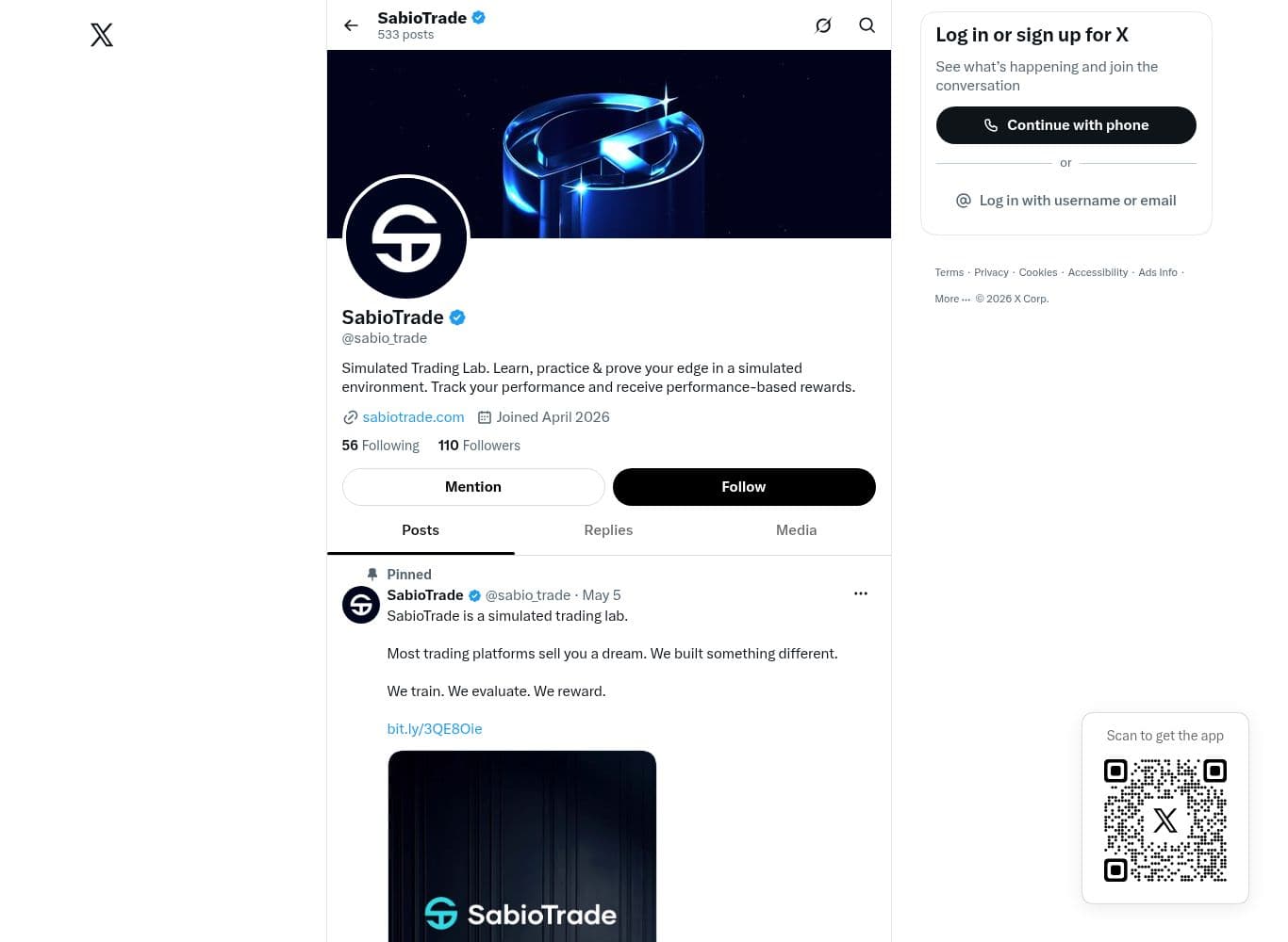 SabioTrade official X account linked from the site footer