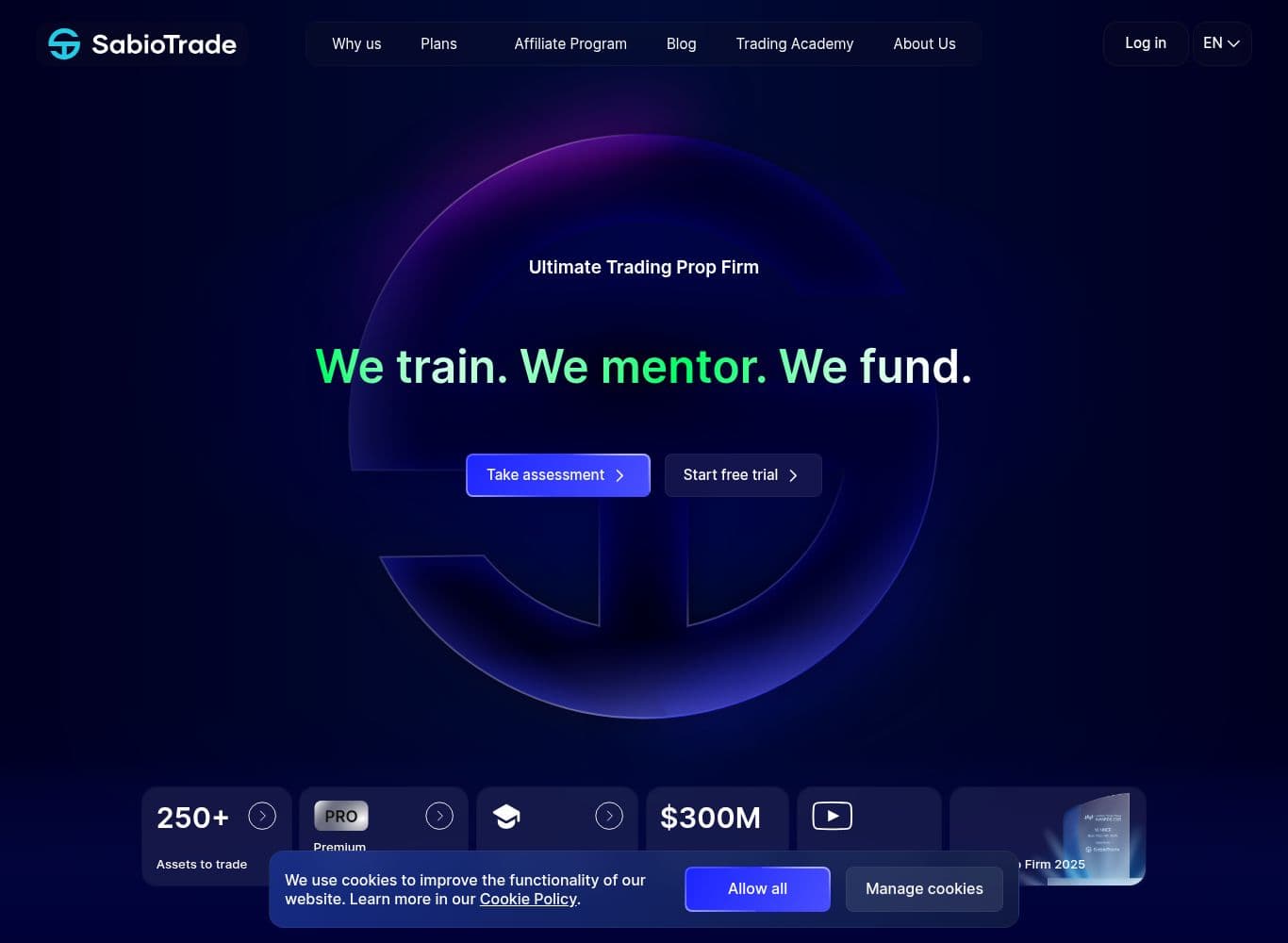 SabioTrade homepage showing the funded account marketing, plan pricing and the $300M in funded accounts claim