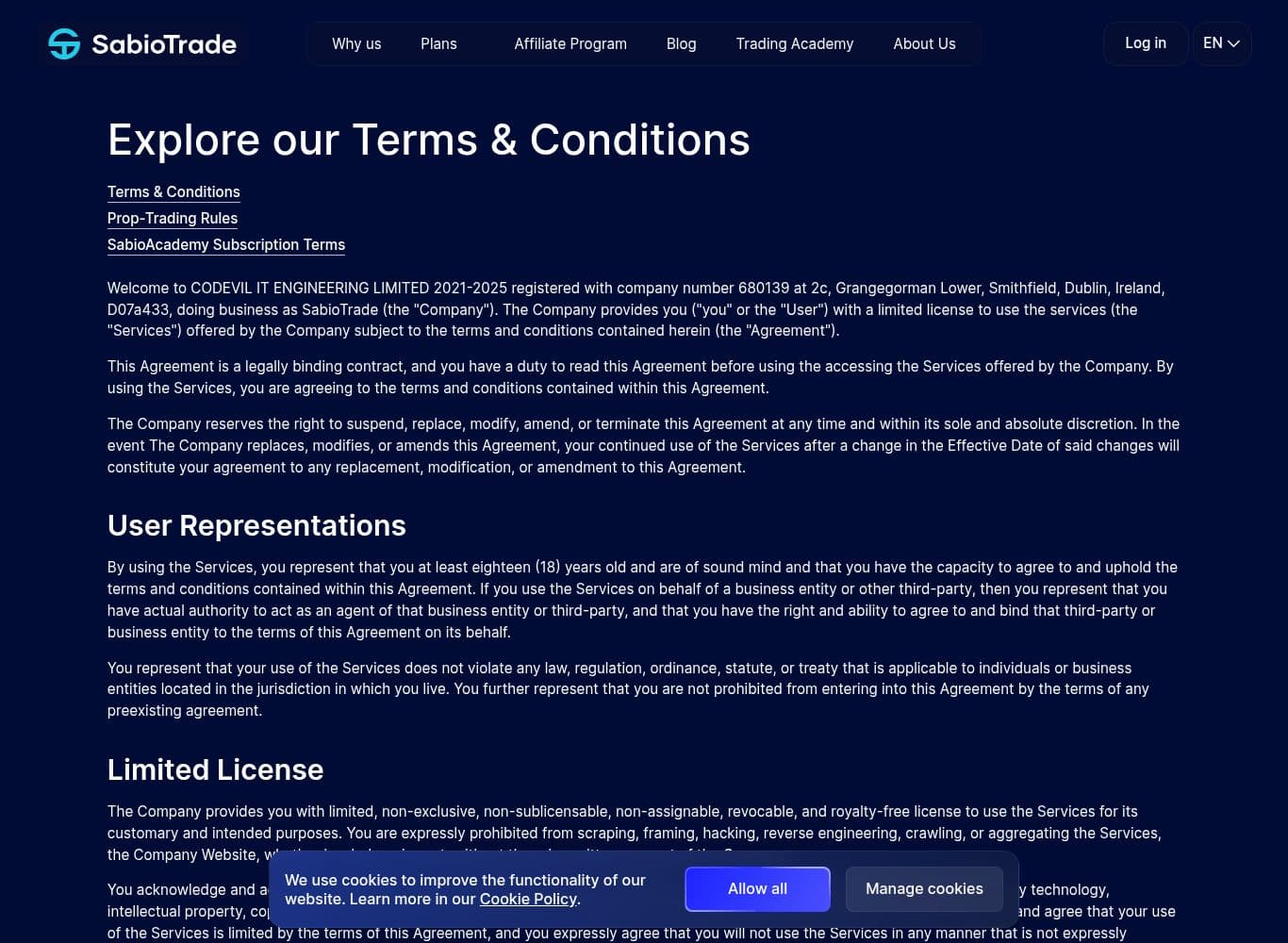 SabioTrade Terms and Conditions naming the operating entity and containing the profit forfeiture and sole discretion clauses