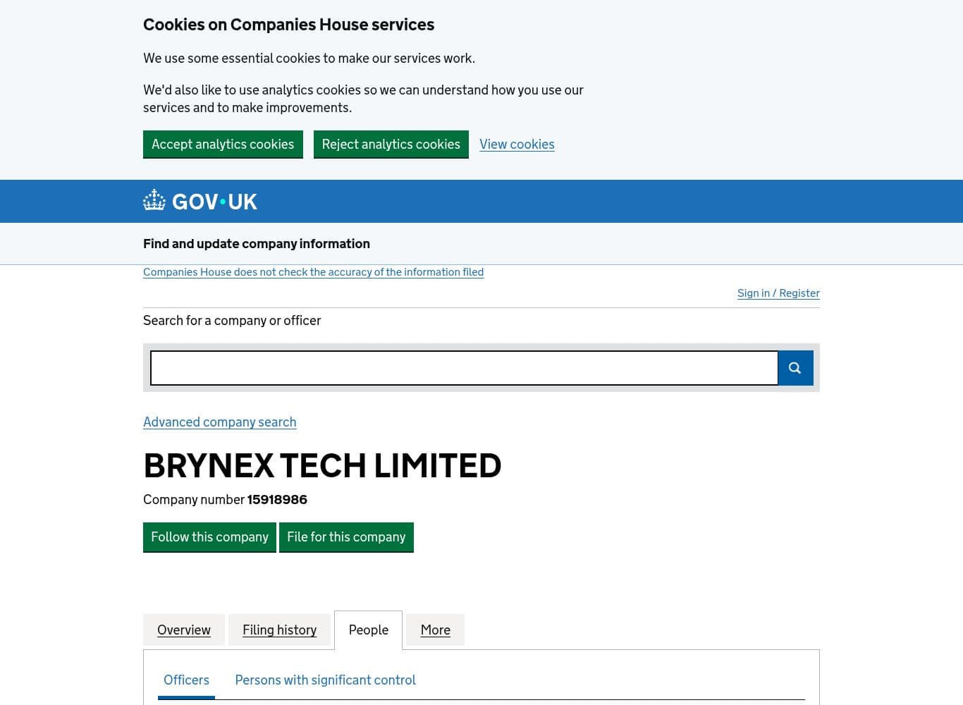 Companies House officers list for Brynex Tech Limited showing the sole director