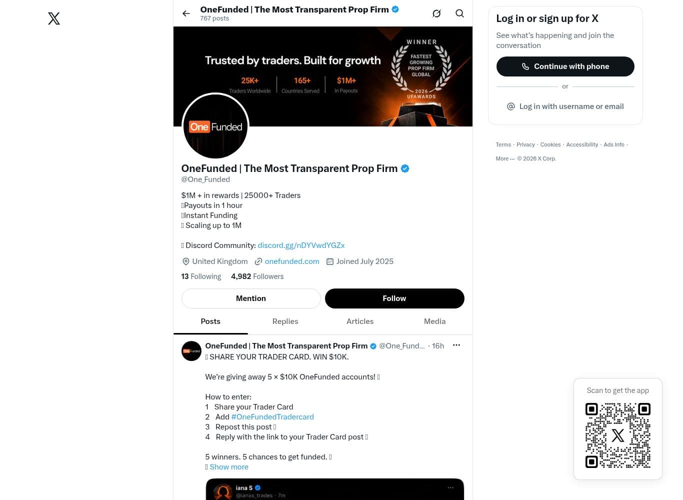 Official OneFunded account on X