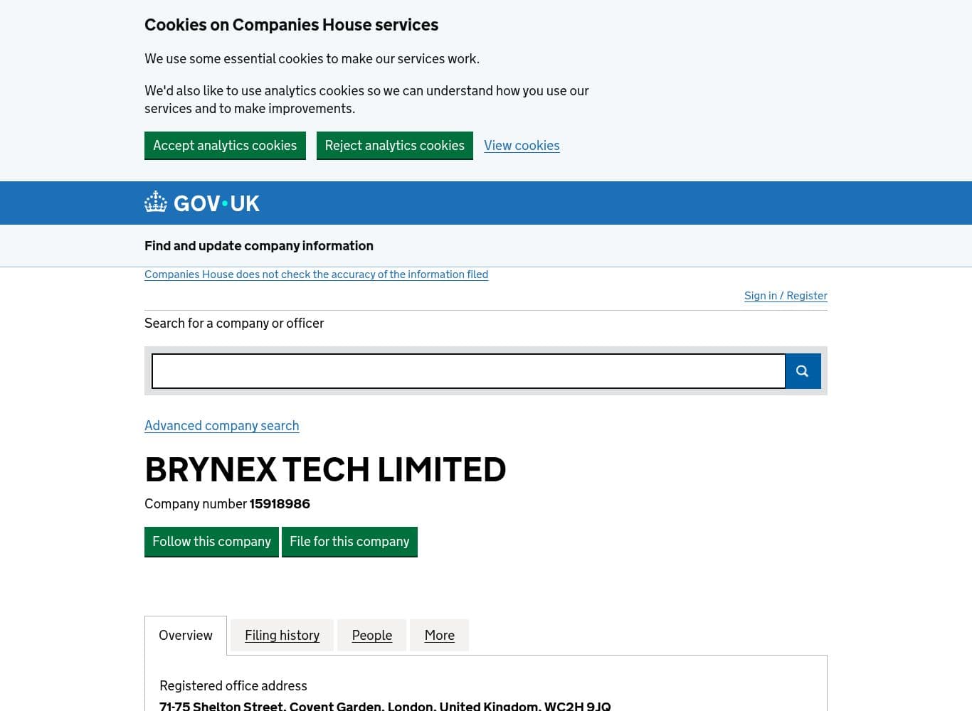 UK Companies House entry for Brynex Tech Limited, the entity named in the OneFunded terms