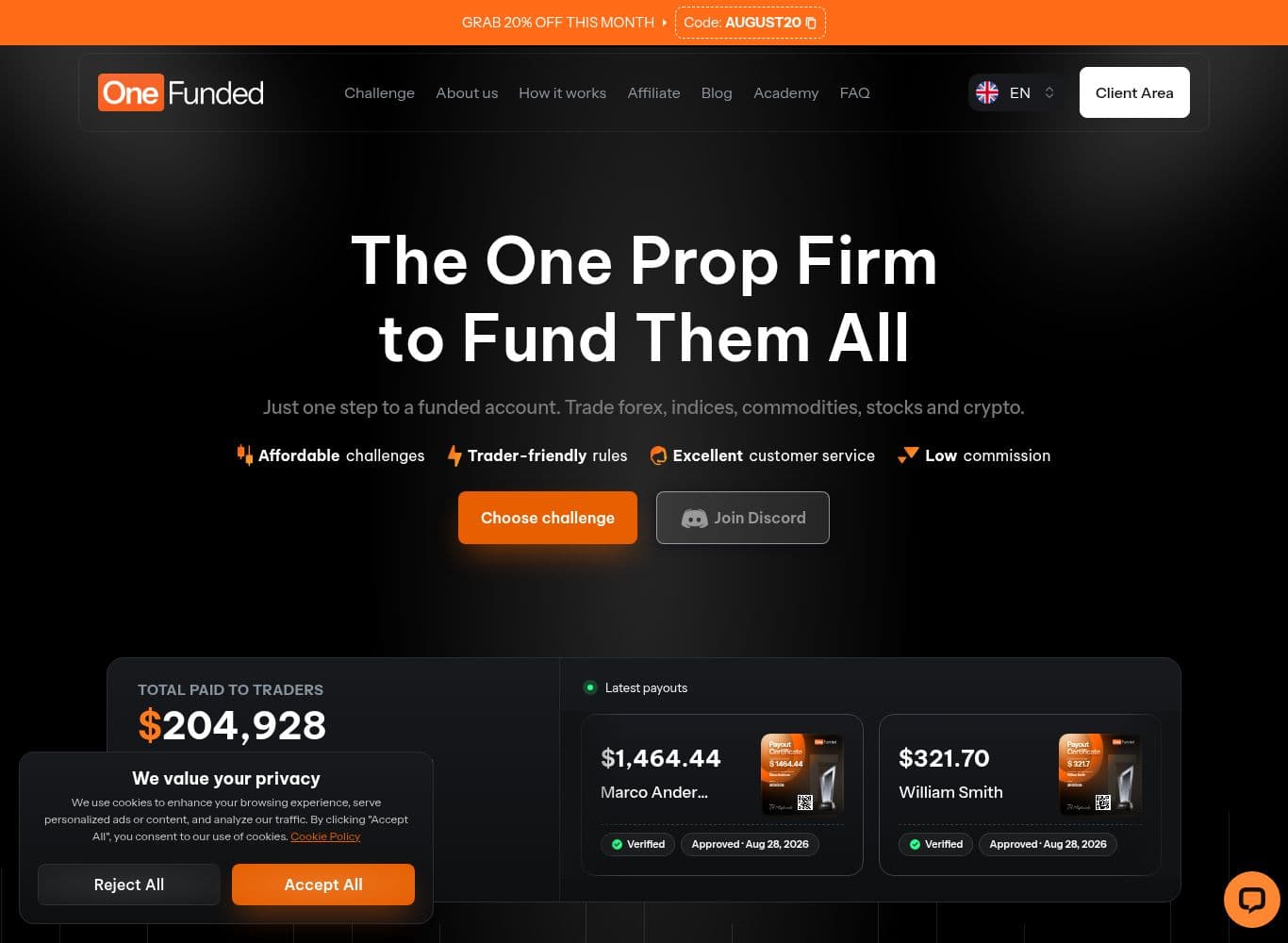 OneFunded homepage showing challenge offering and profit split claim