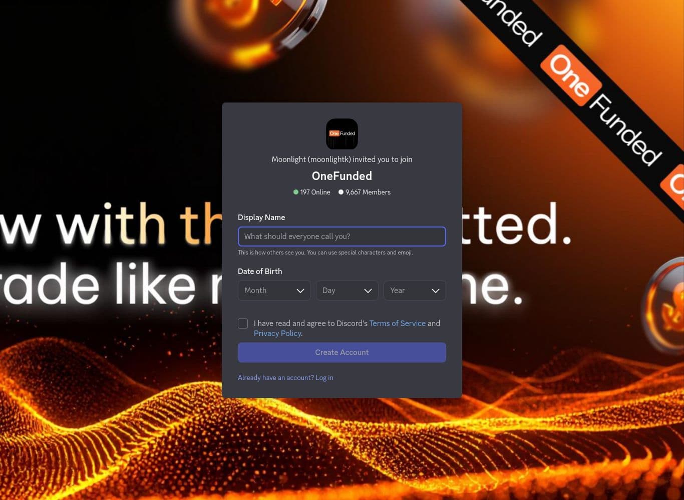 Official OneFunded Discord invite showing member and online counts