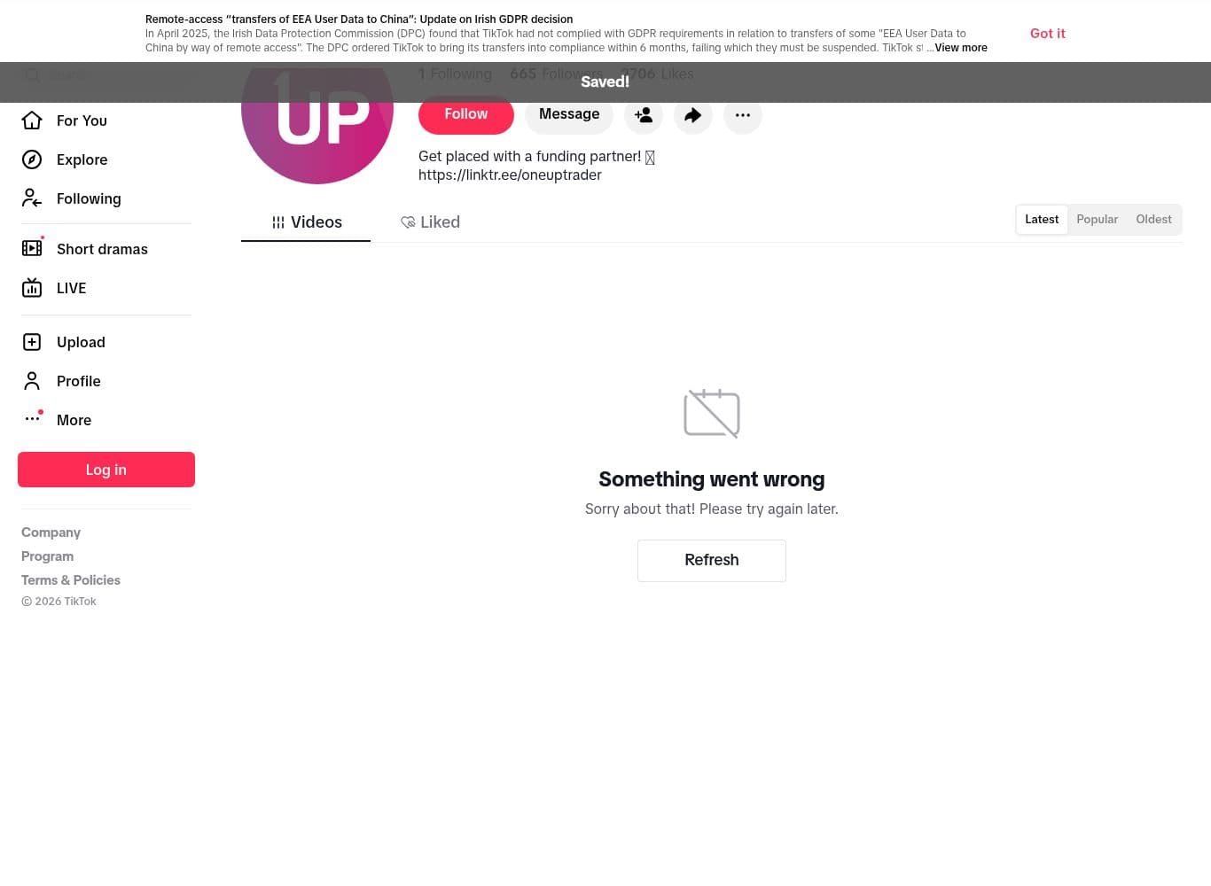 Official TikTok profile with 665 followers