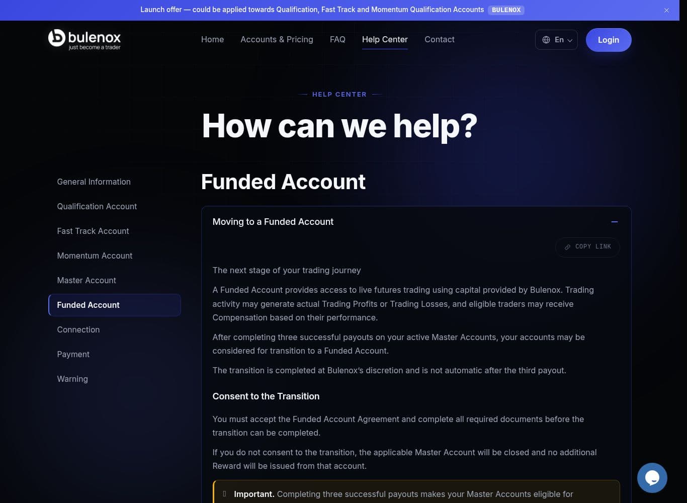 Funded Account transition rules showing the individual and 30,000 dollar balance caps on transferred profit