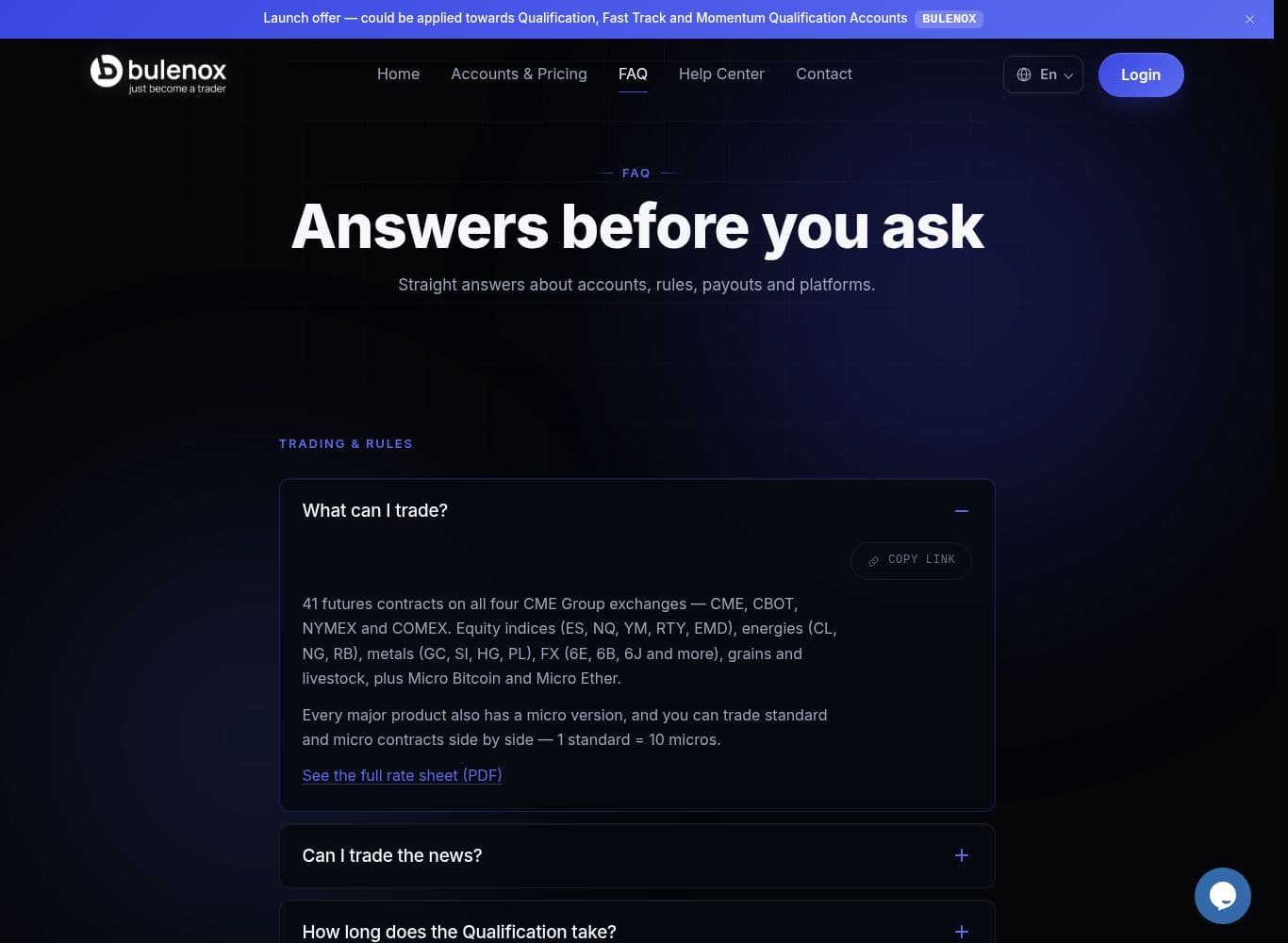 Bulenox FAQ covering payouts, the consistency rule and restricted countries