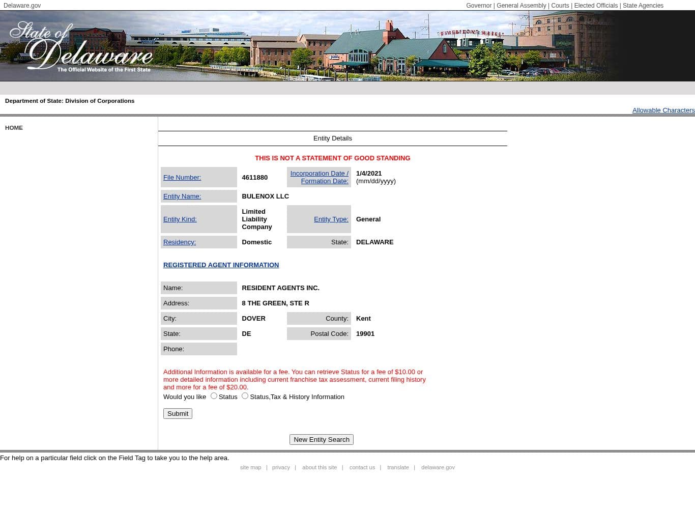 Delaware Division of Corporations entry for BULENOX LLC, file number 4611880, formed 4 January 2021