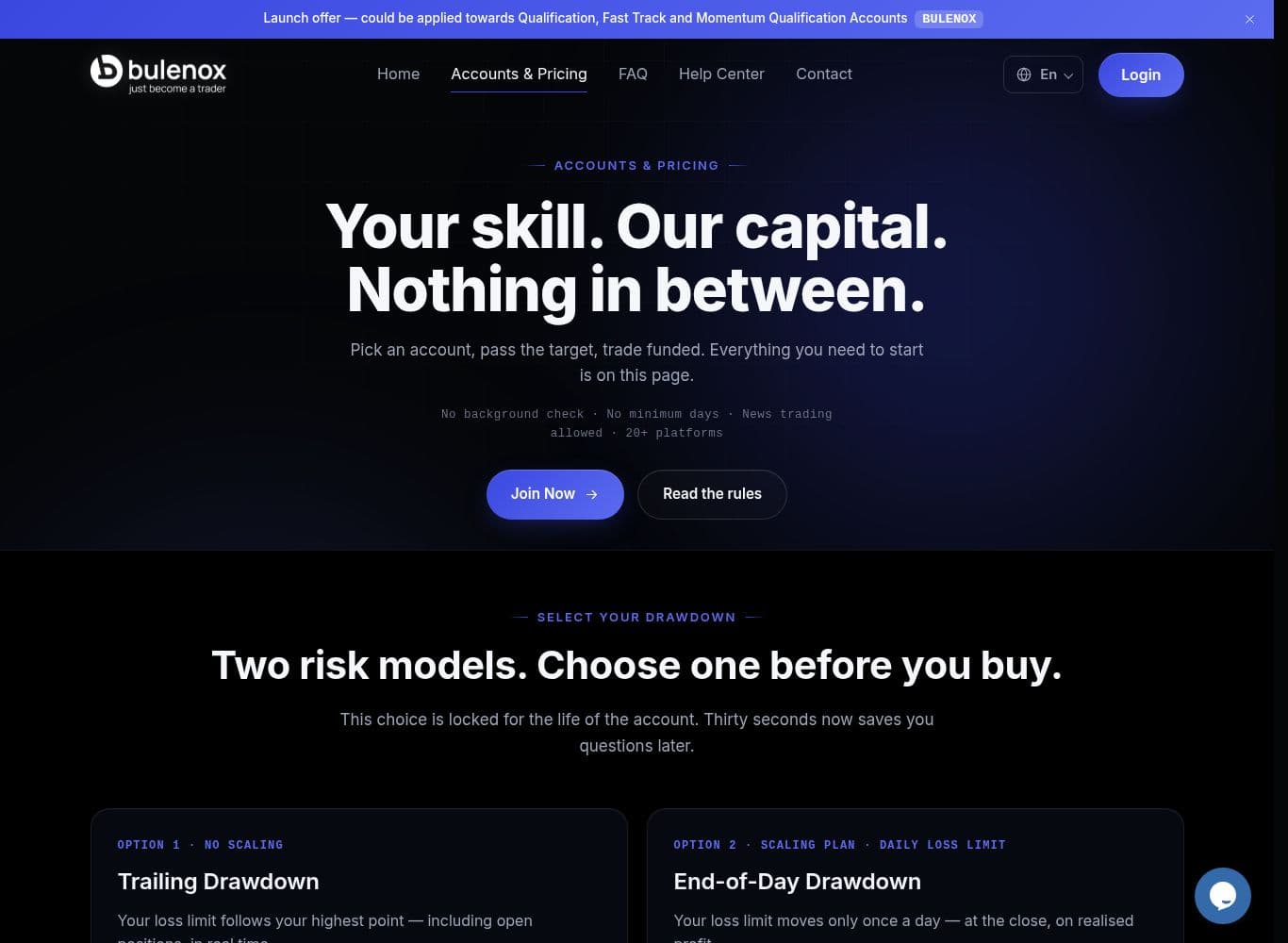 Accounts and pricing page showing one-time evaluation fees and no deposit facility