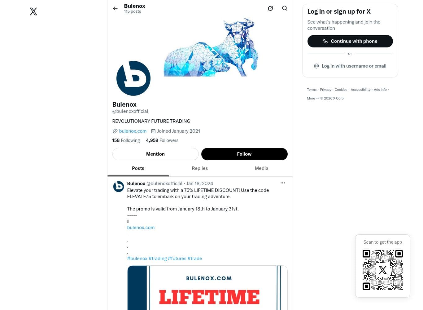 Official Bulenox account on X, linked from the firm's homepage