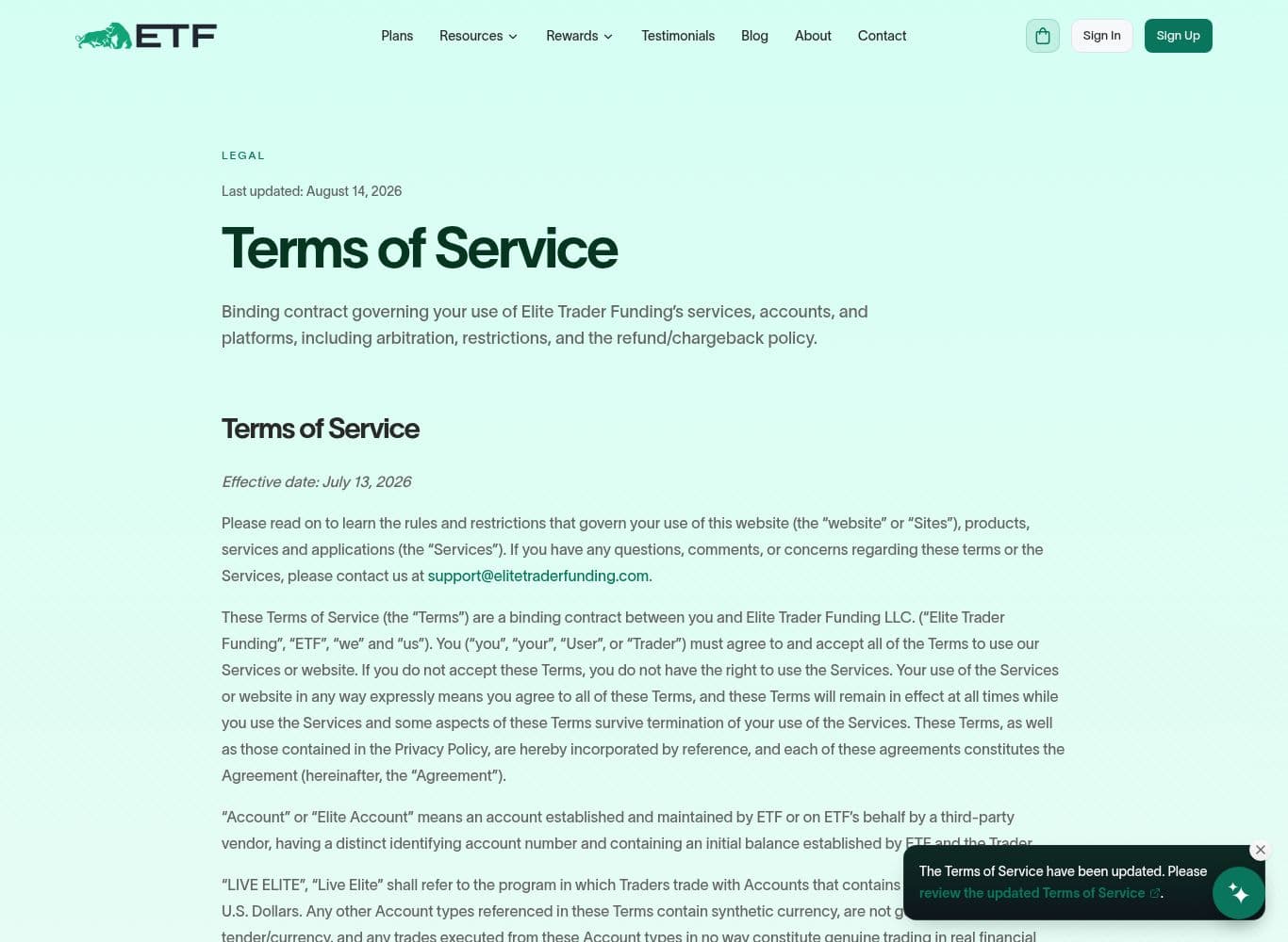Elite Trader Funding Terms of Service, carrying the sole-discretion violation clause, the payout modification right and the LIVE ELITE program terms