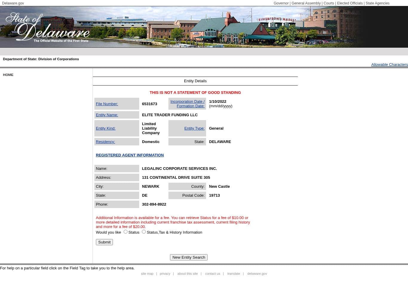 Delaware Division of Corporations entry for ELITE TRADER FUNDING LLC, file number 6531673, formed 10 January 2022