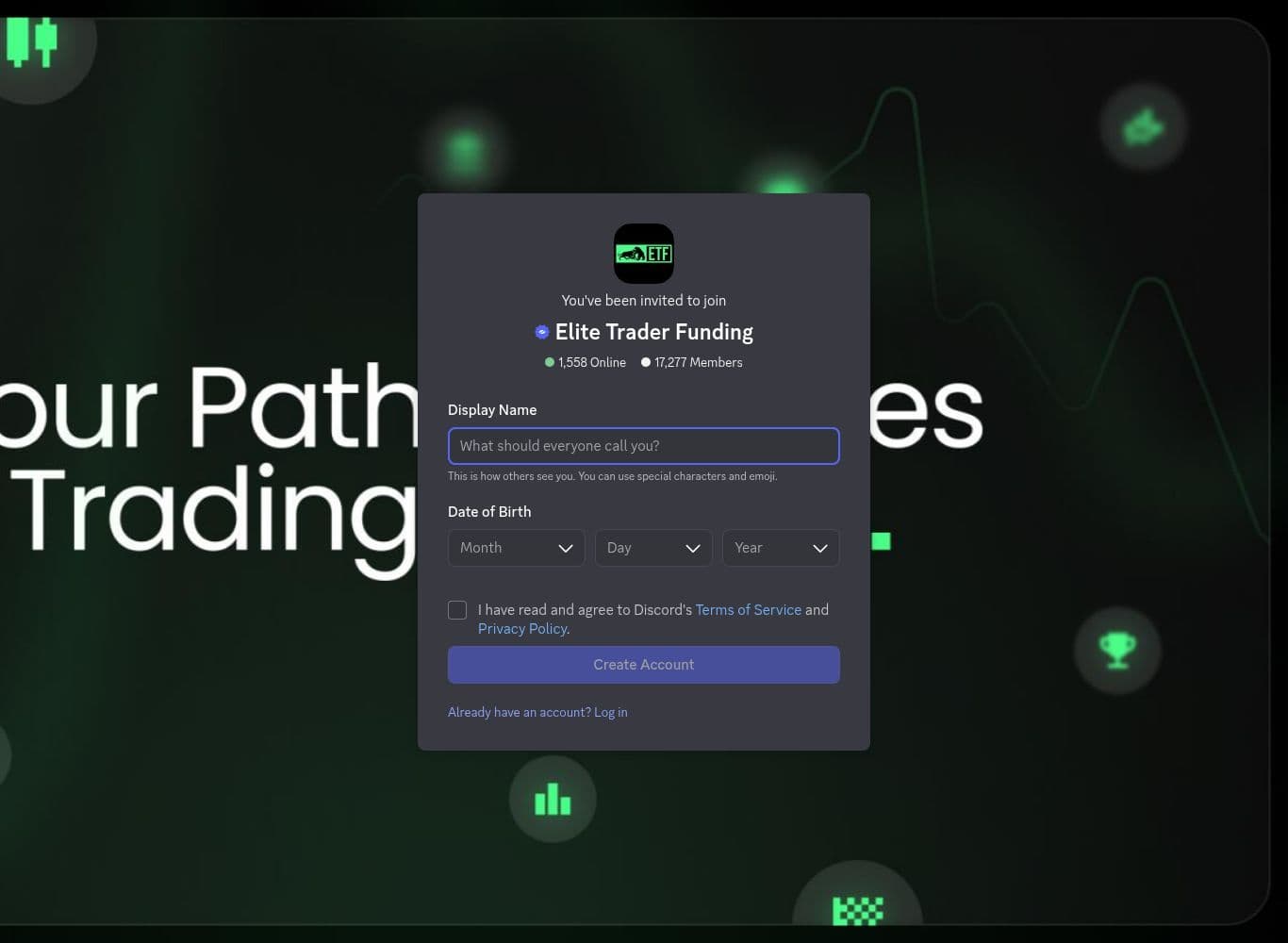 Official Elite Trader Funding Discord invite showing 17,277 members