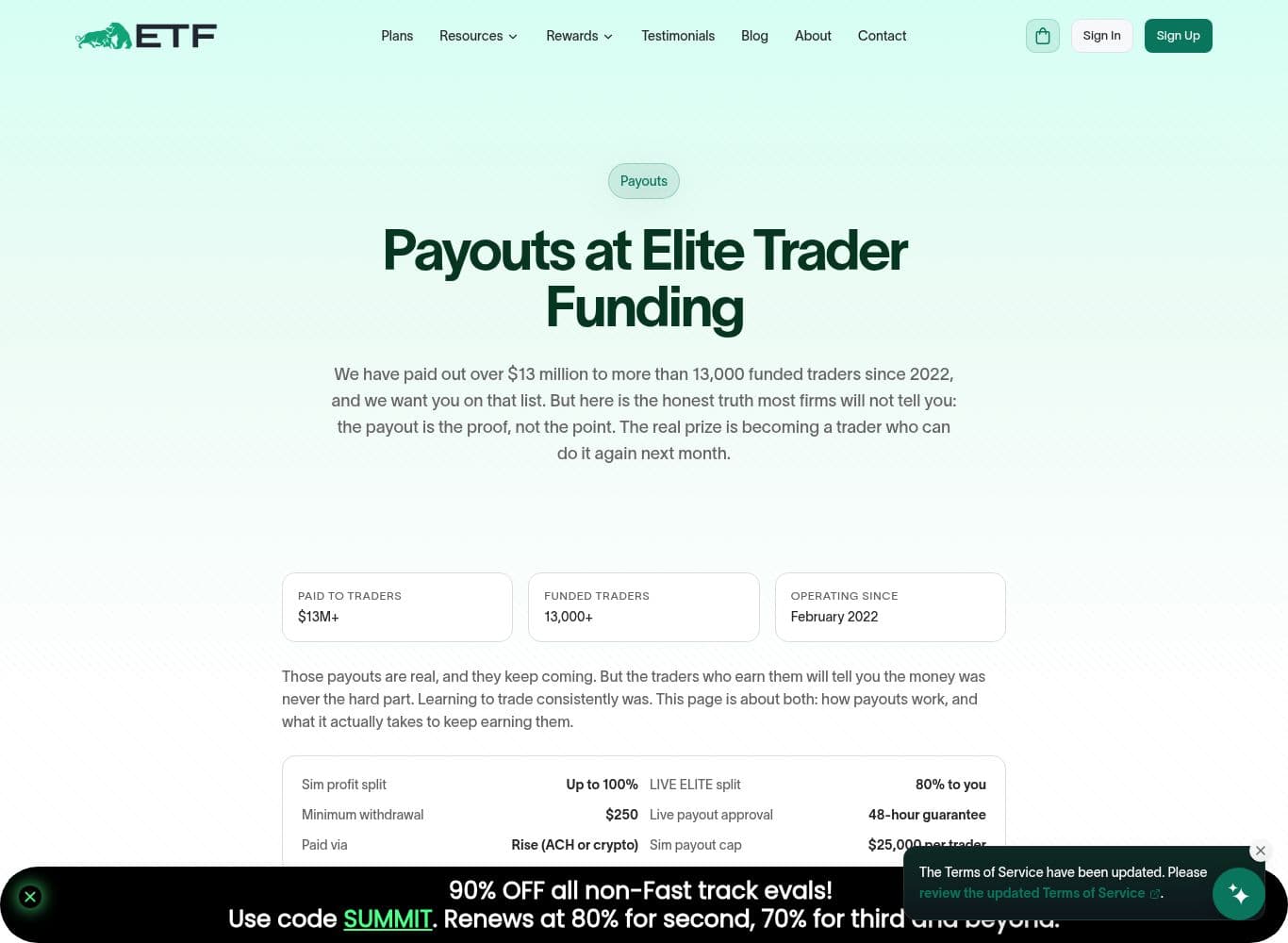 Official payouts page setting out cadence, caps, the 80/20 LIVE ELITE split and the Rise payment processor