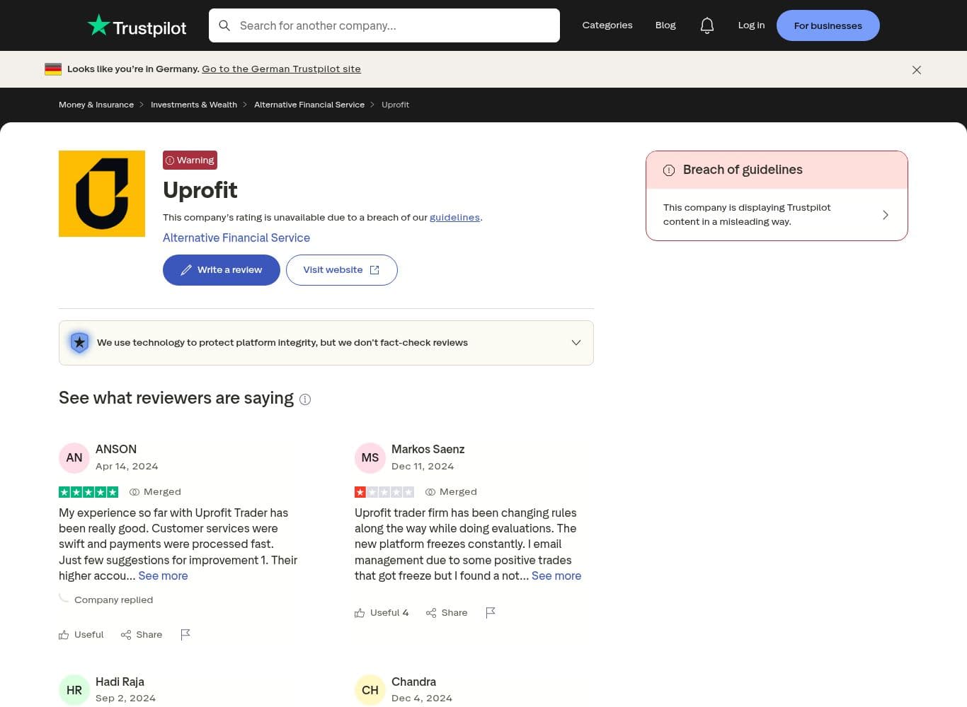 Recent one-star Trustpilot reviews alleging payouts denied and accounts closed after withdrawal requests