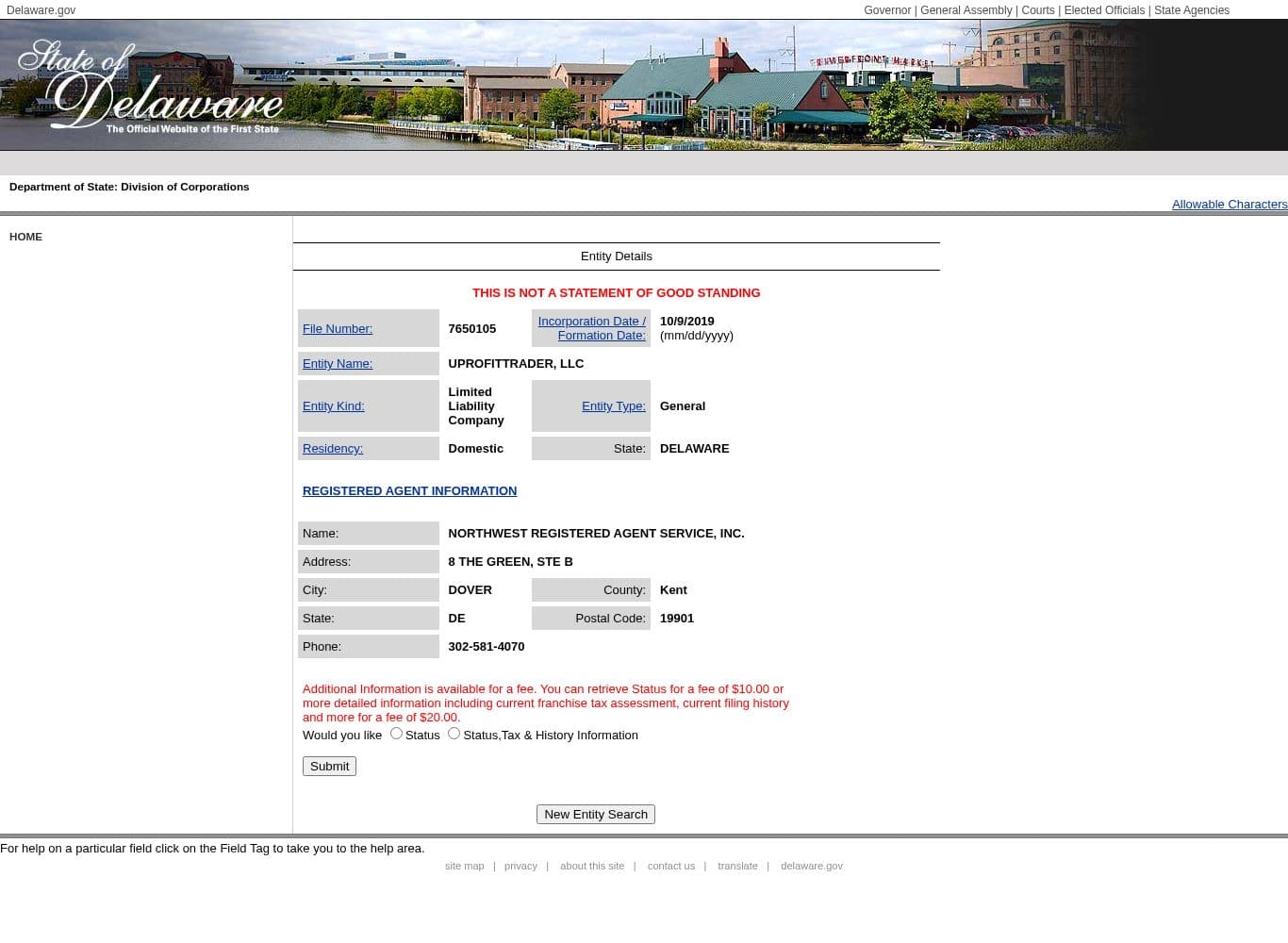 Delaware Division of Corporations entity record for UPROFITTRADER, LLC, formed 9 October 2019