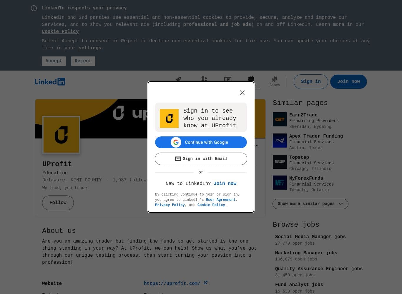 UProfit LinkedIn company page listing uprofit.com and a 2019 founding date