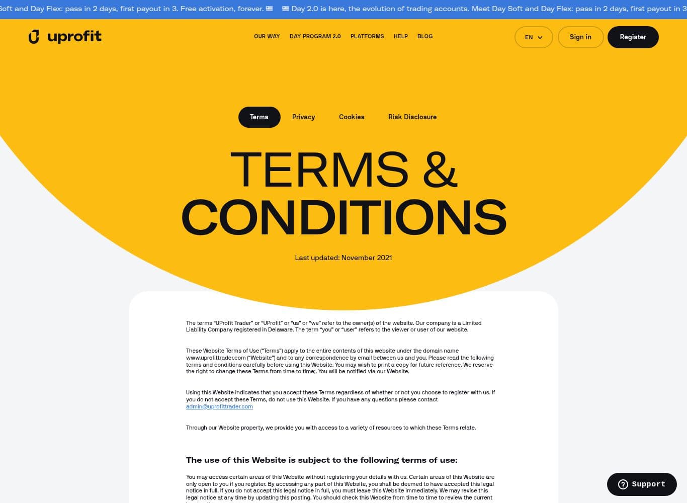 UProfit Terms and Conditions showing forfeiture of accumulated profits on VPN or VPS detection