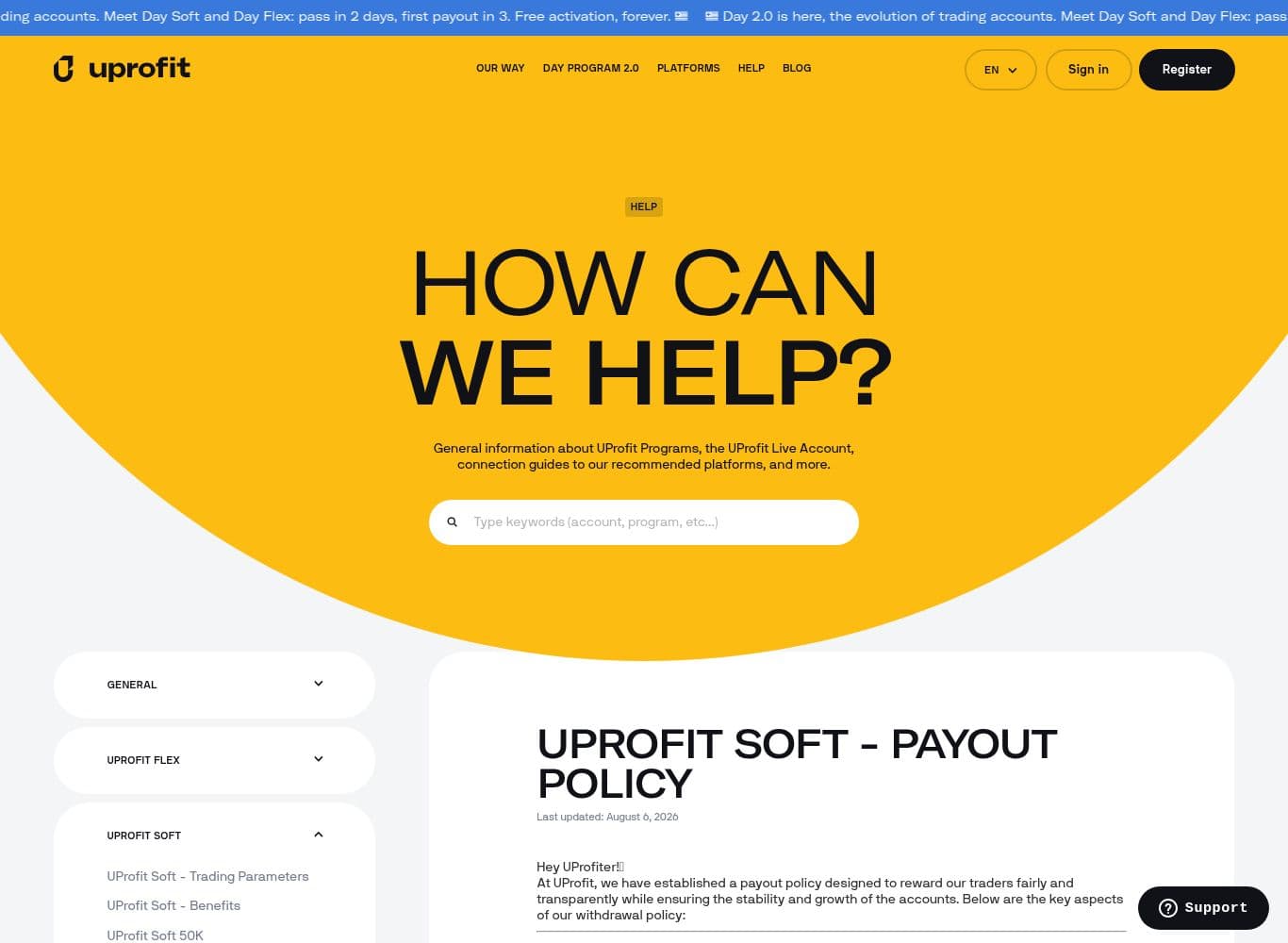 UProfit Soft payout policy with the SafetyNet thresholds, consistency percentage and withdrawal caps