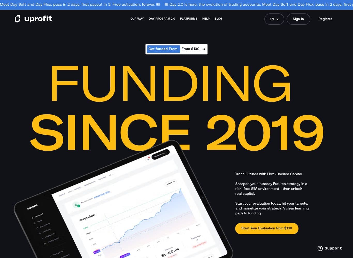 UProfit homepage showing the funding since 2019 claim and 13,445 approved payout requests