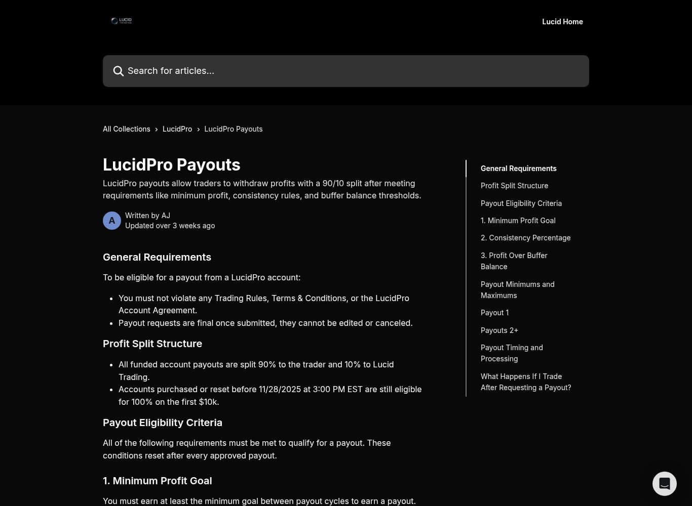 LucidPro payout eligibility, buffer balance and payout maximum tables