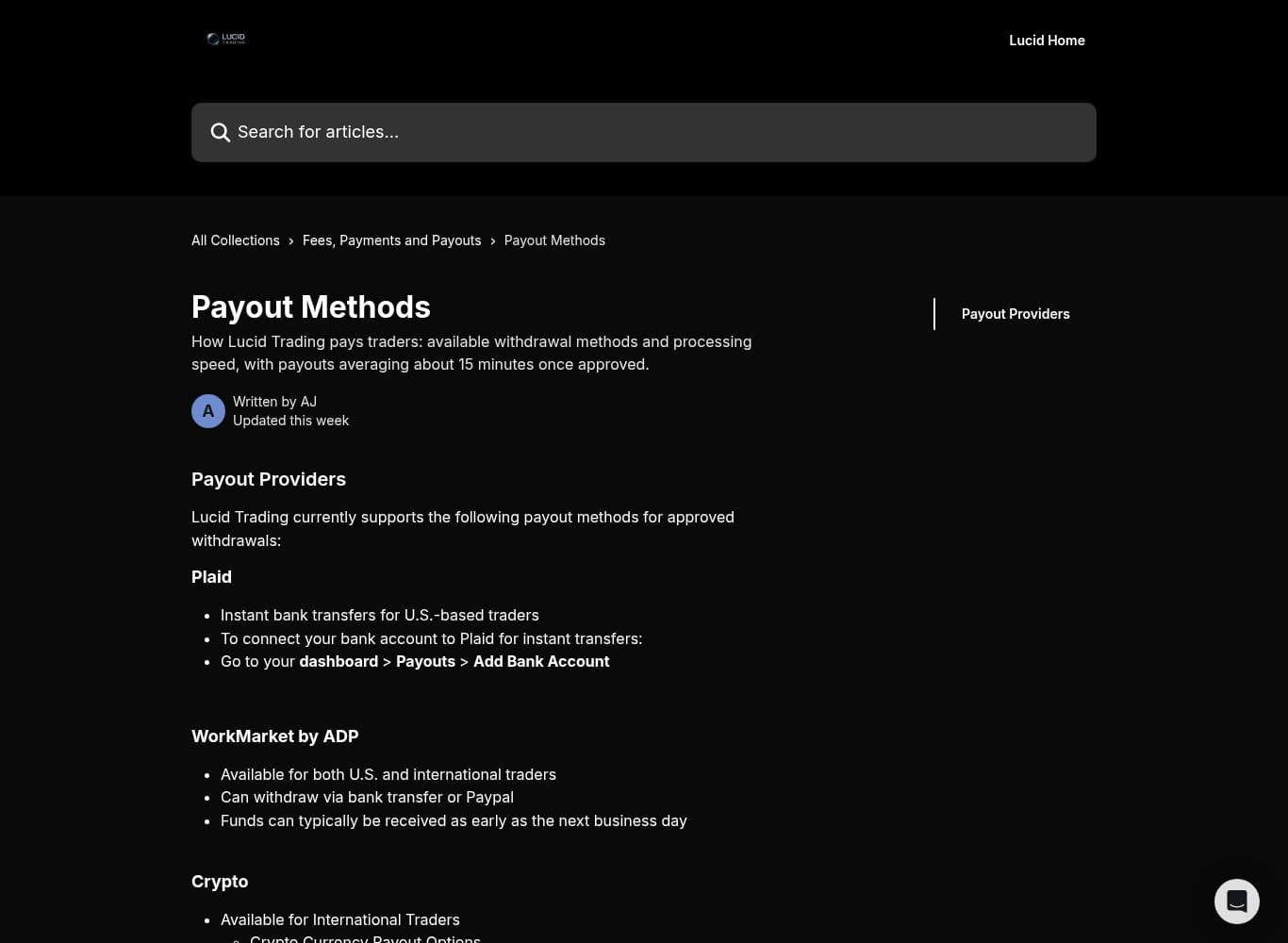 Payout rails: Plaid, WorkMarket by ADP and crypto, with no deposit facility