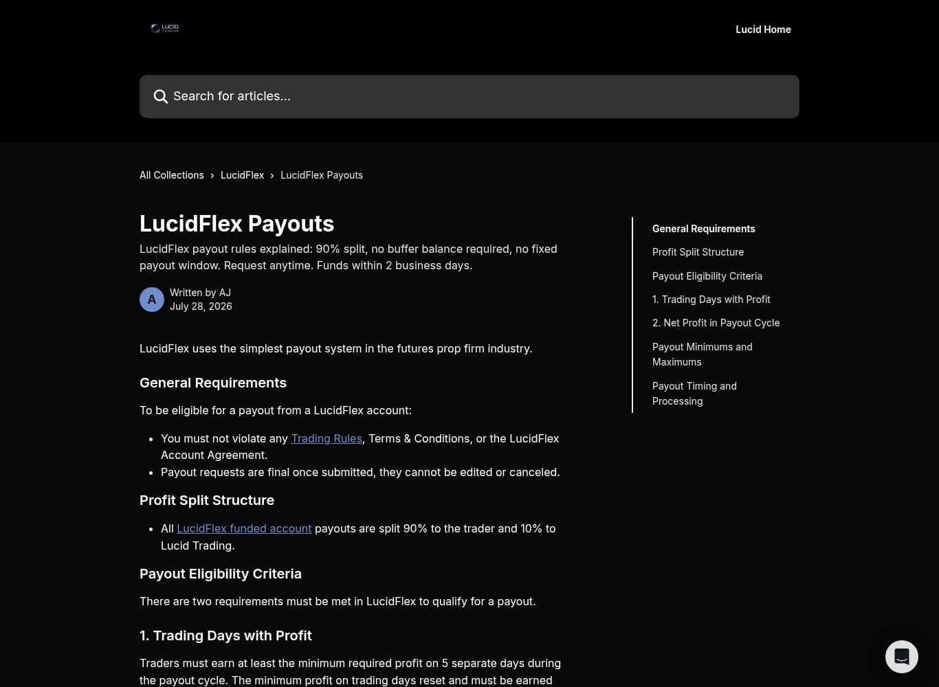 LucidFlex payout rules, minimum daily profit table and $500 minimum request